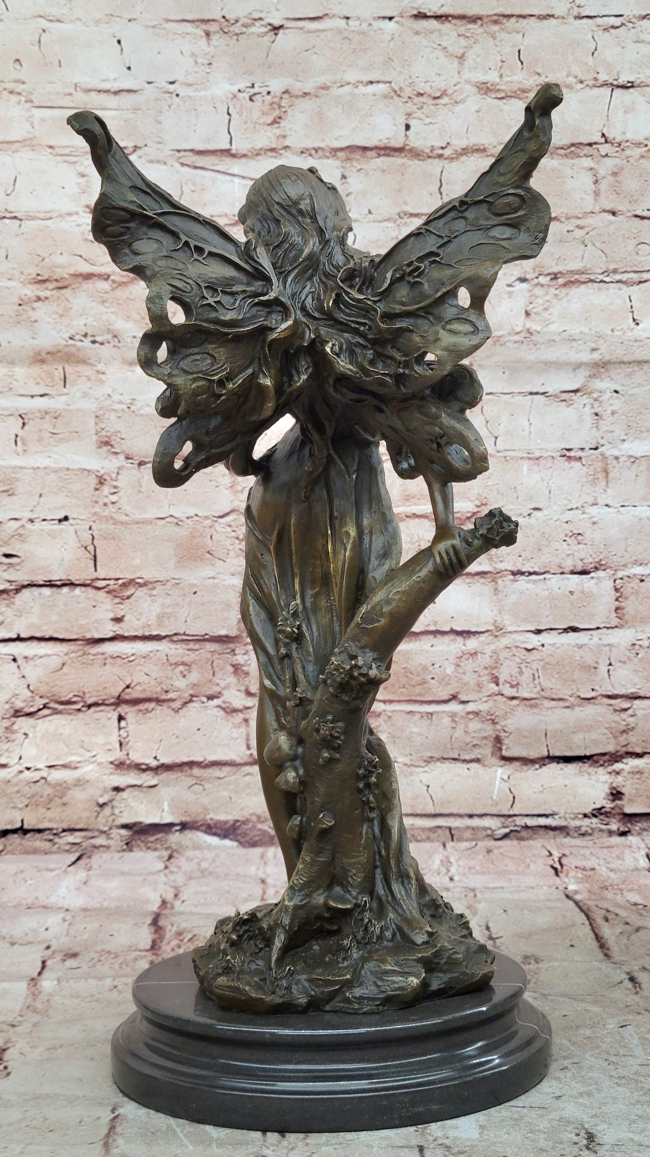 Art Deco Magical Fairy with Wings Gilt Bronze Sculpture Marble Base Statue SALE