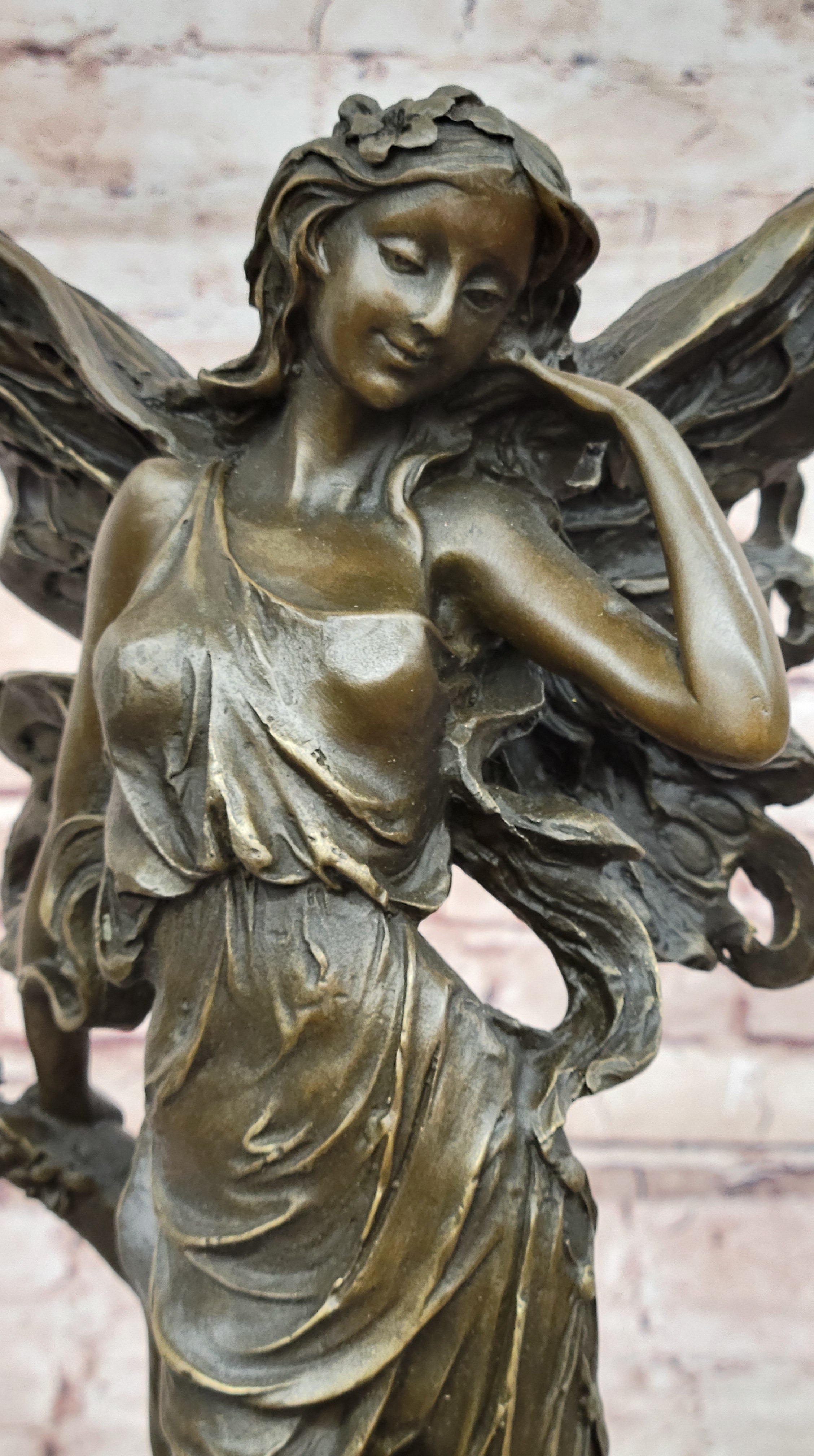 Art Deco Magical Fairy with Wings Gilt Bronze Sculpture Marble Base Statue SALE