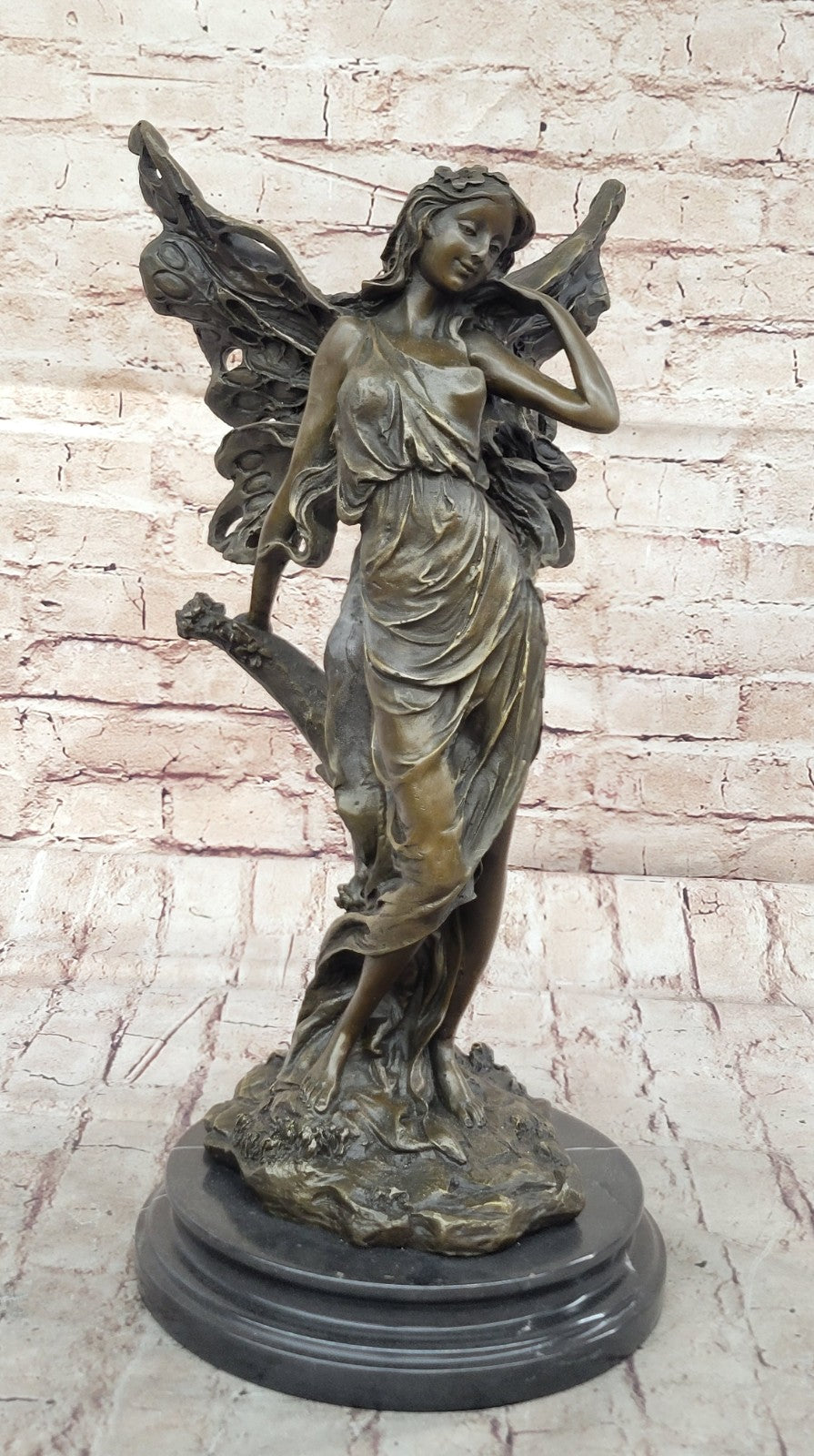 Art Deco Magical Fairy with Wings Gilt Bronze Sculpture Marble Base Statue SALE