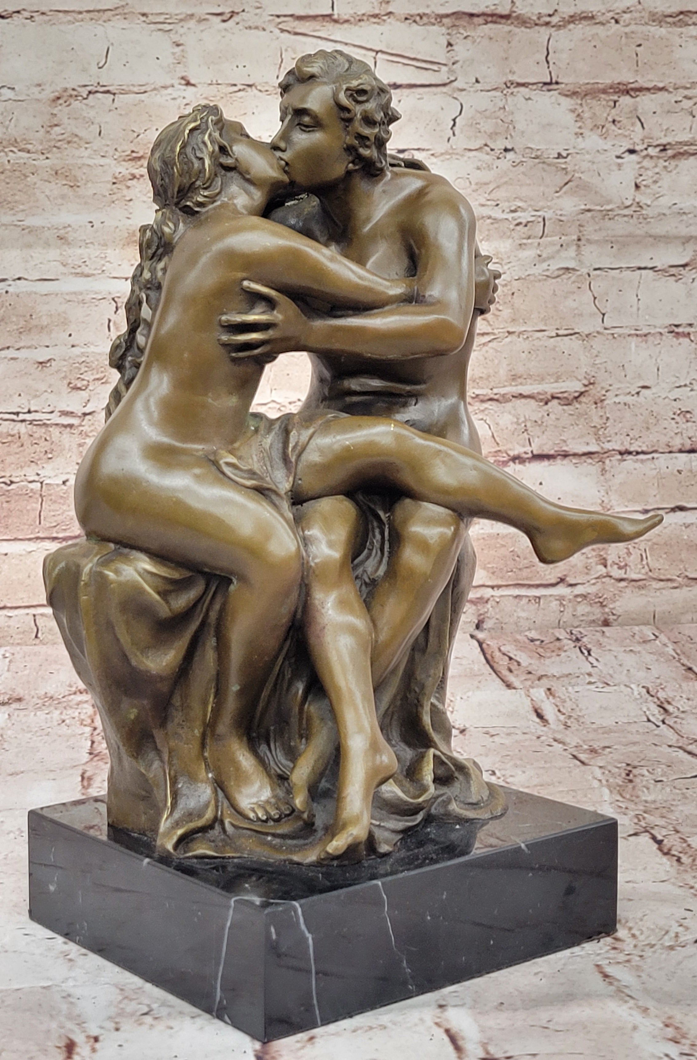Handcrafted Romantic Bronze Sculpture Statue by Milo Inspired by Rodin’s The Kiss