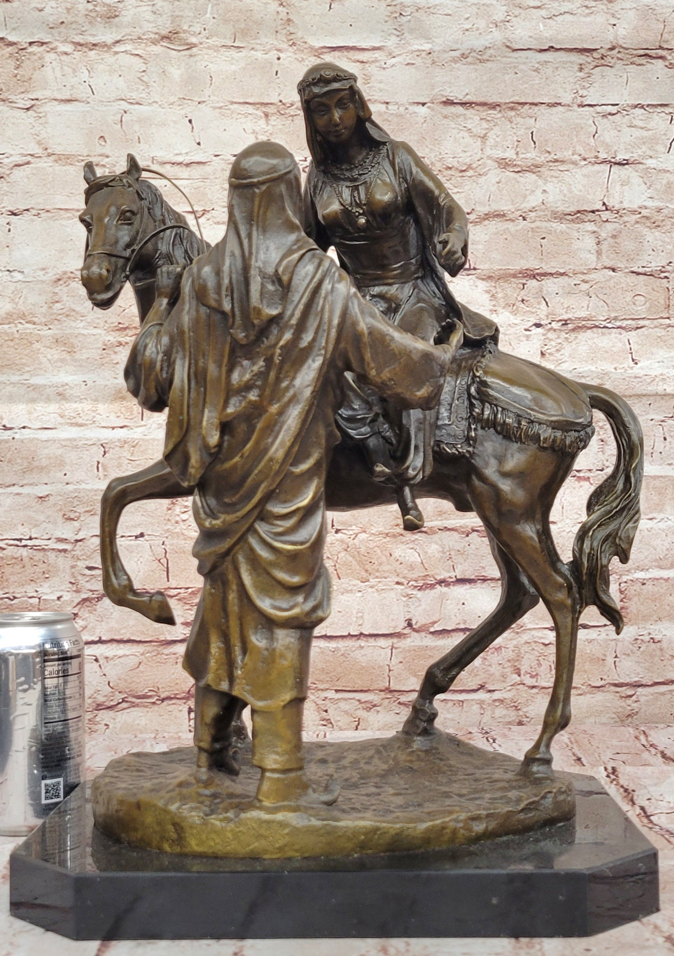 Handcrafted Bronze Sculpture SALE – Arabian Husband Helping Wife on Horse by Barye, Large Marble Base