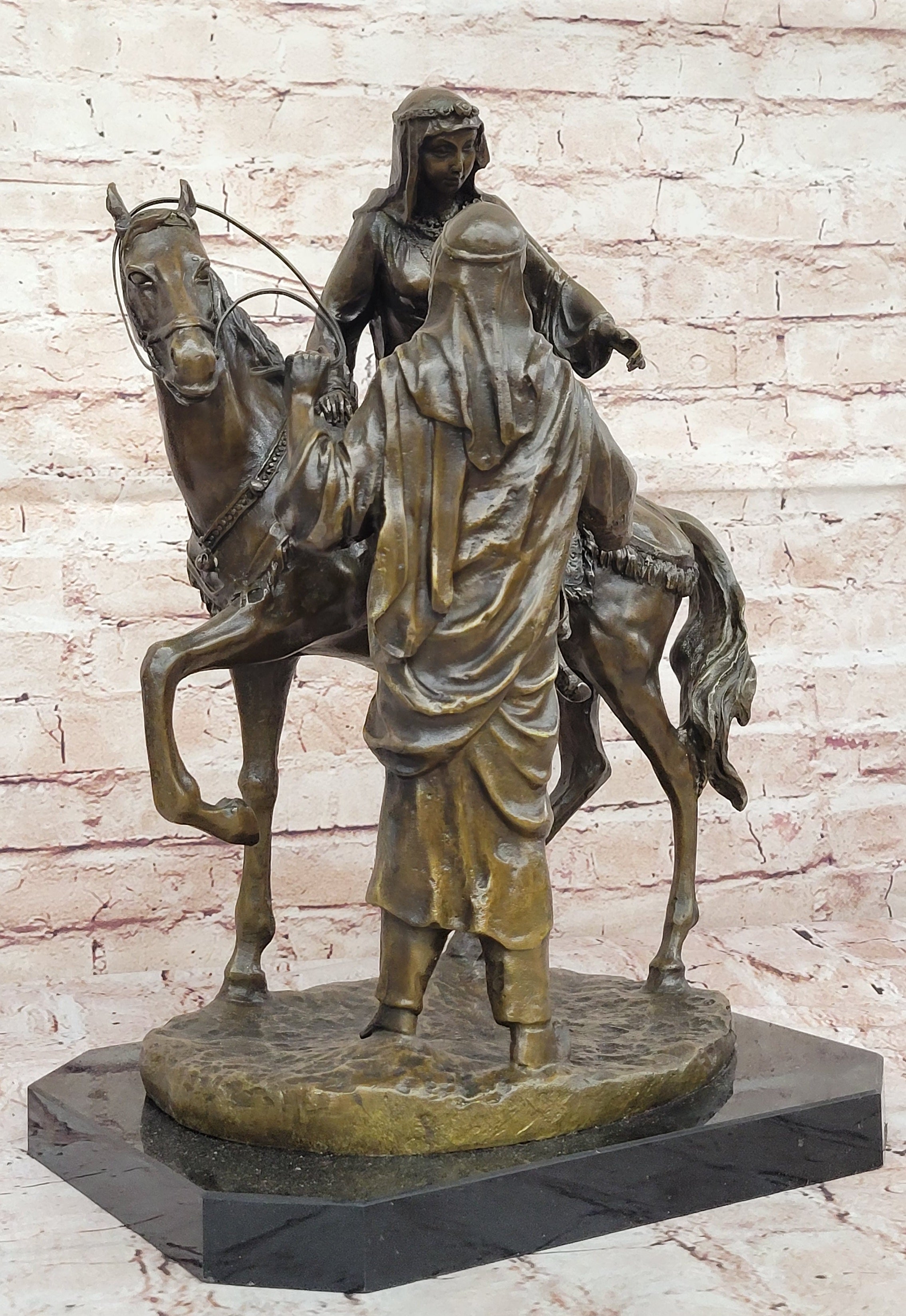 Handcrafted Bronze Sculpture SALE – Arabian Husband Helping Wife on Horse by Barye, Large Marble Base