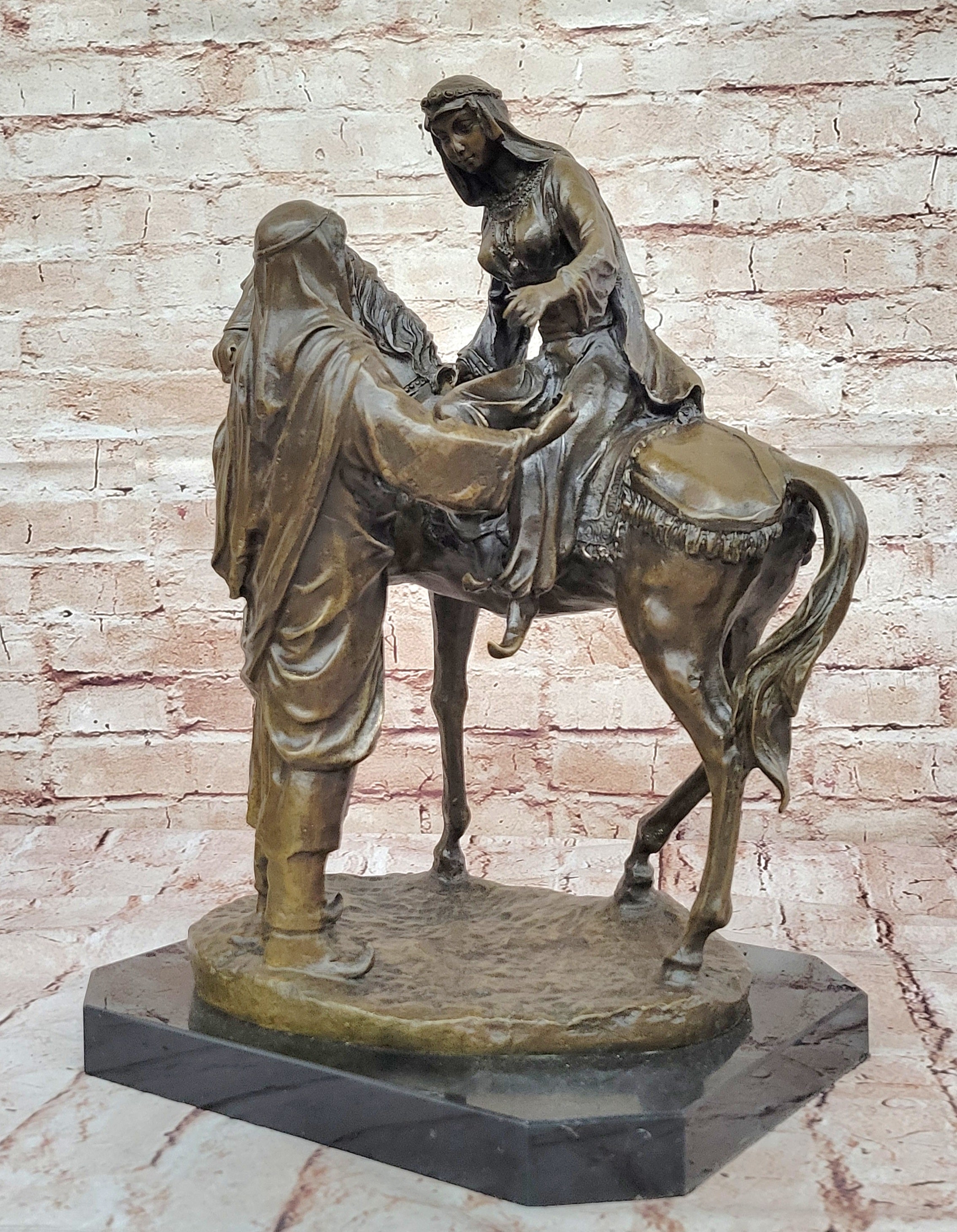 Handcrafted Bronze Sculpture SALE – Arabian Husband Helping Wife on Horse by Barye, Large Marble Base