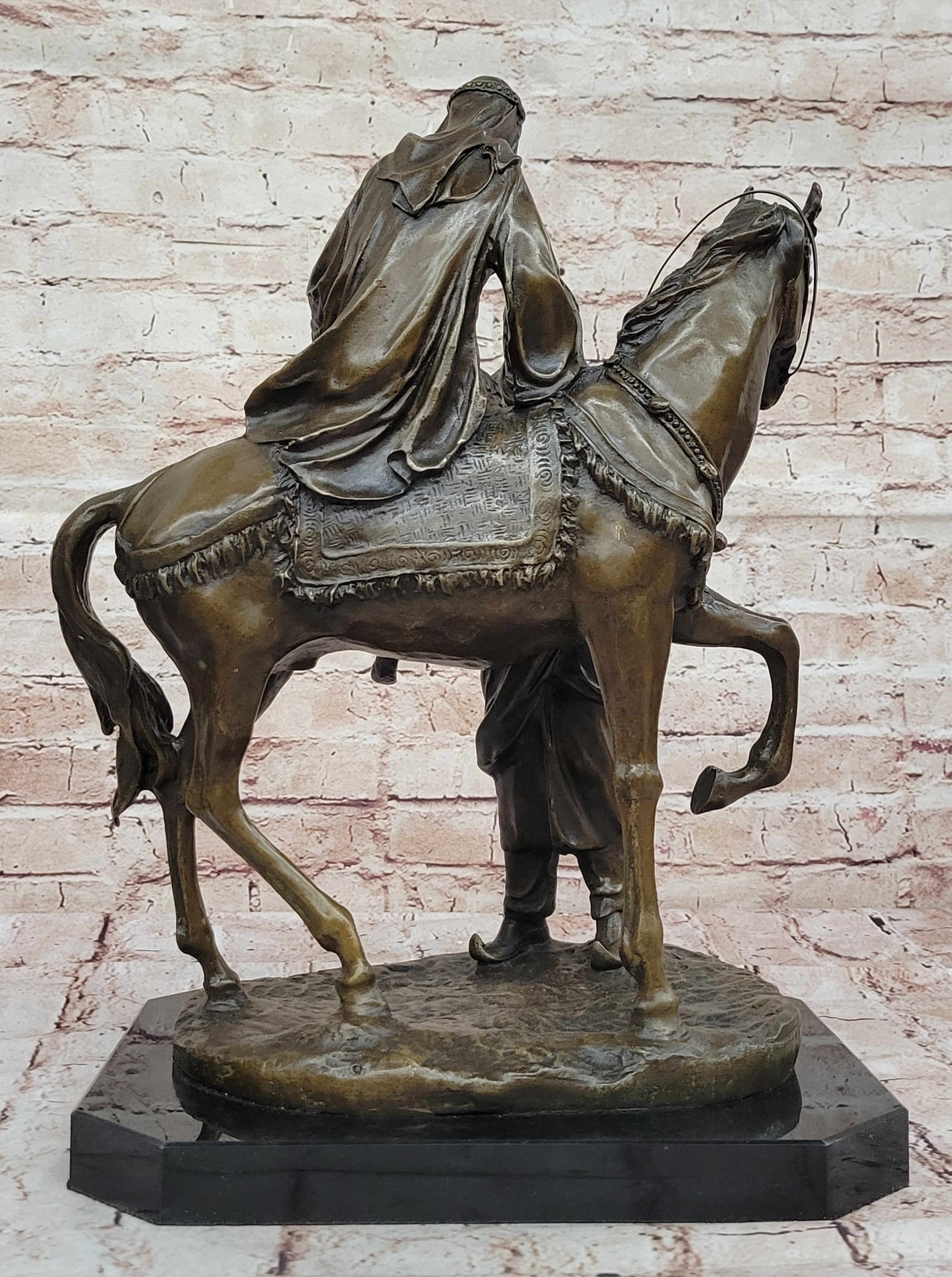 Handcrafted Bronze Sculpture SALE – Arabian Husband Helping Wife on Horse by Barye, Large Marble Base