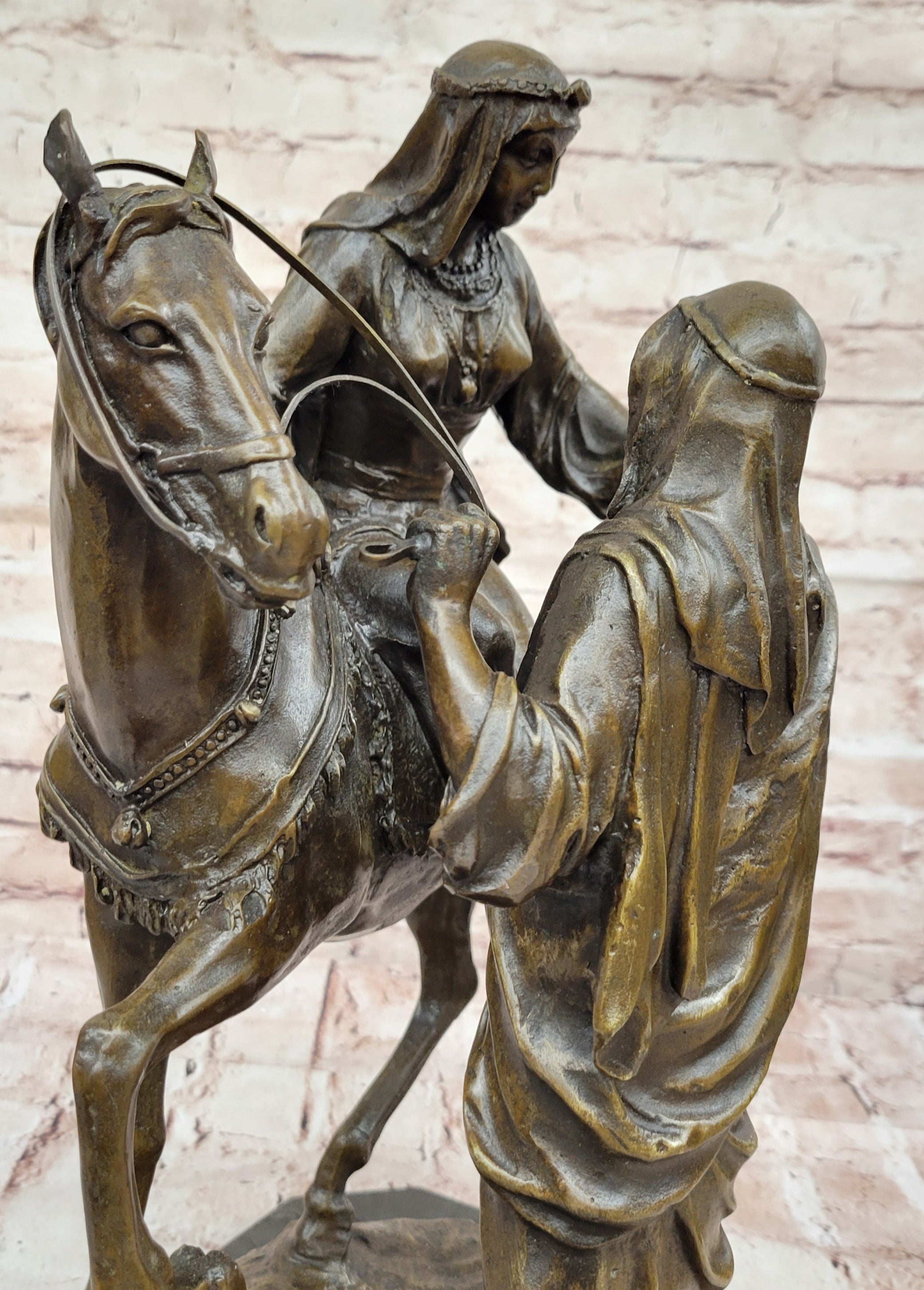 Handcrafted Bronze Sculpture SALE – Arabian Husband Helping Wife on Horse by Barye, Large Marble Base