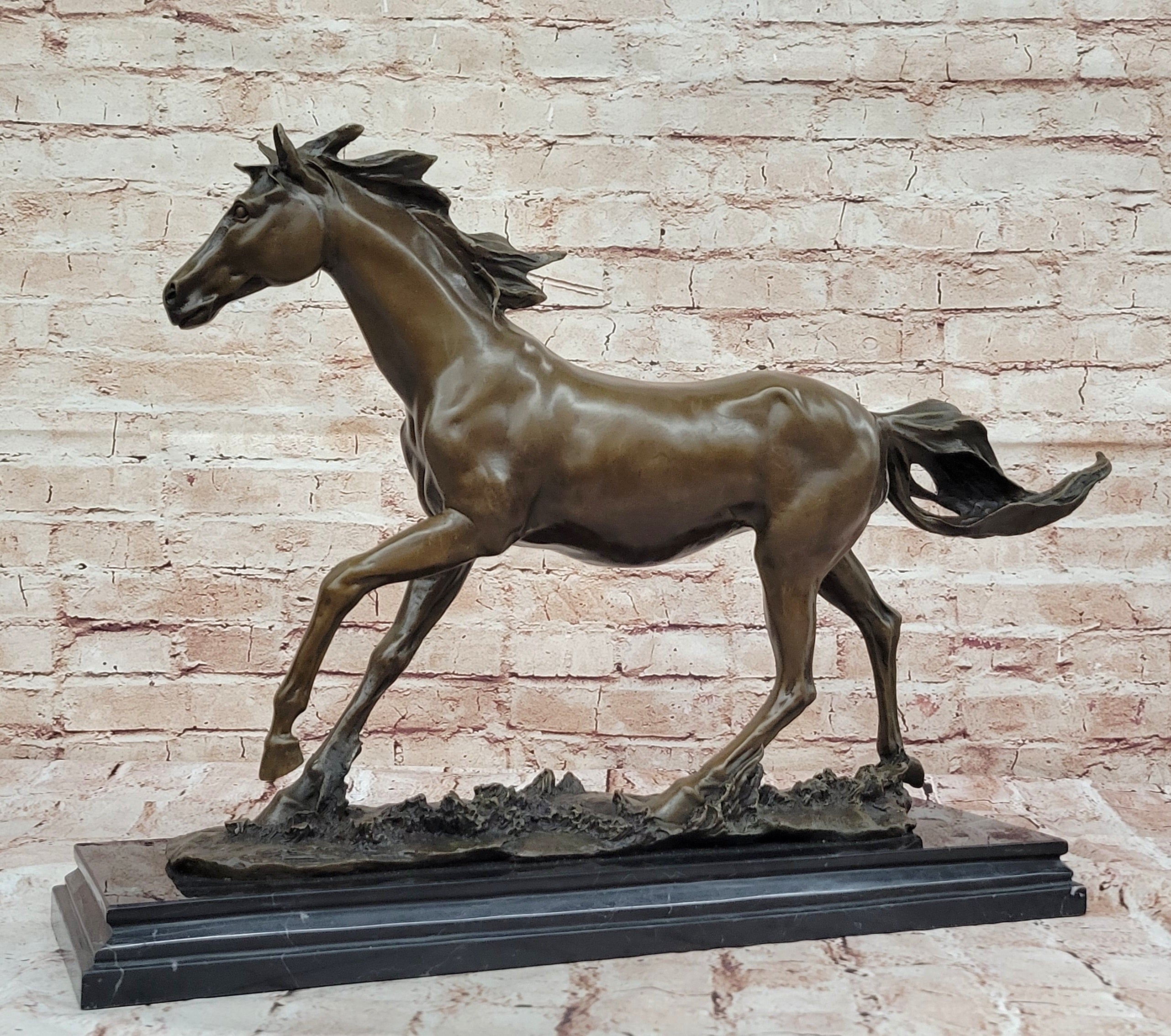 SIGNED: MENE, WILD RACING STALLION HORSE BRONZE SCULPTURE RUNNING HORSE FIGURE