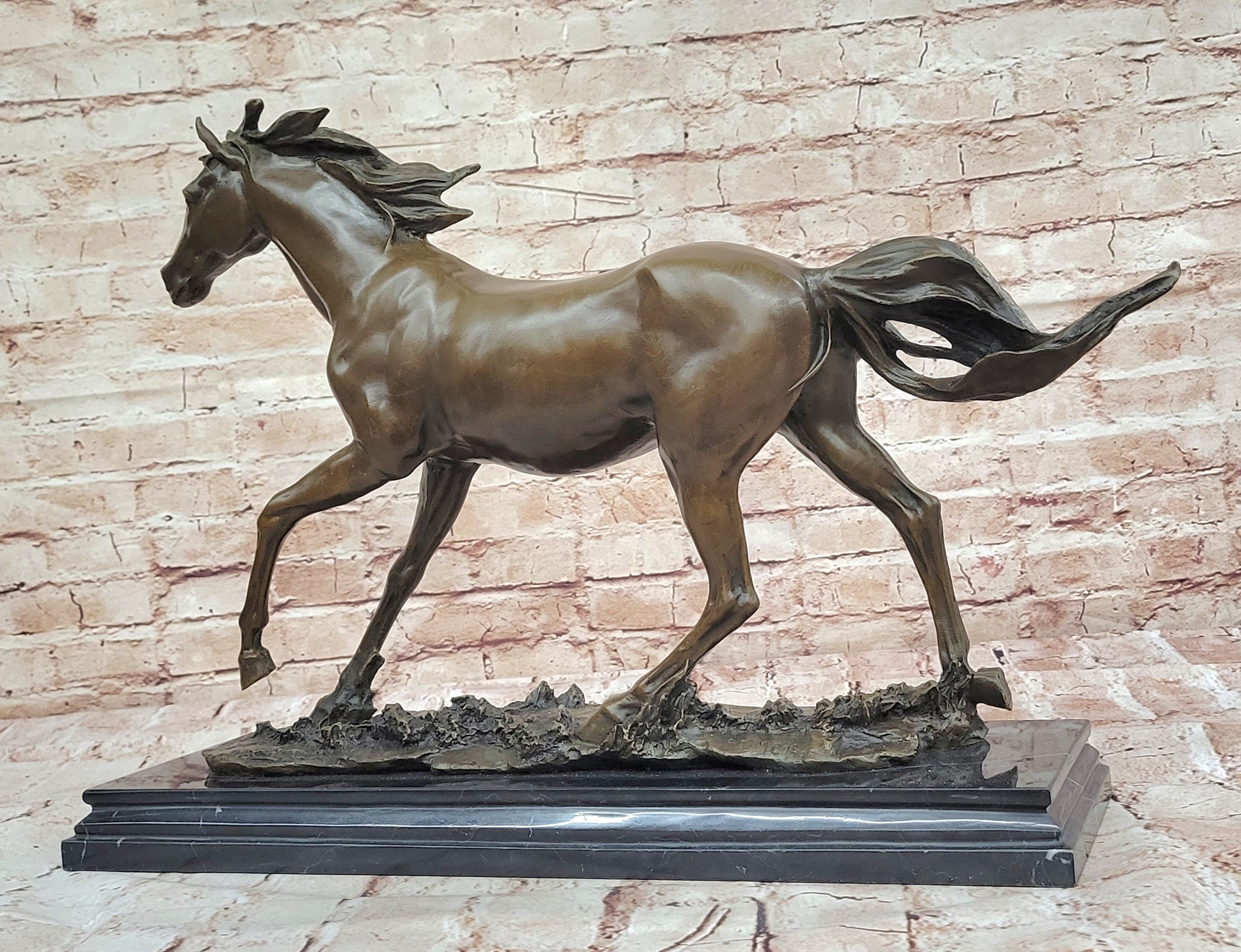 SIGNED: MENE, WILD RACING STALLION HORSE BRONZE SCULPTURE RUNNING HORSE FIGURE