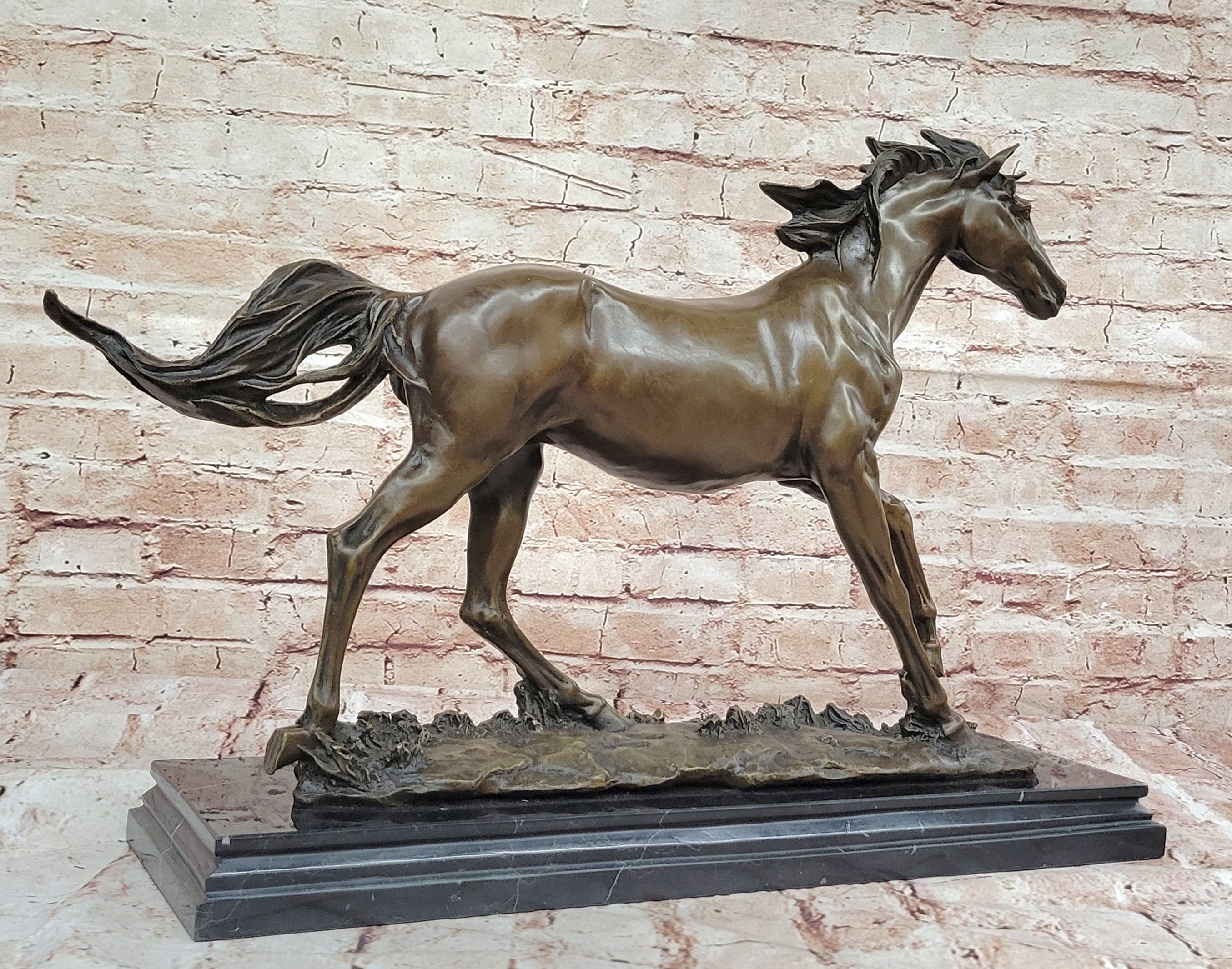 SIGNED: MENE, WILD RACING STALLION HORSE BRONZE SCULPTURE RUNNING HORSE FIGURE
