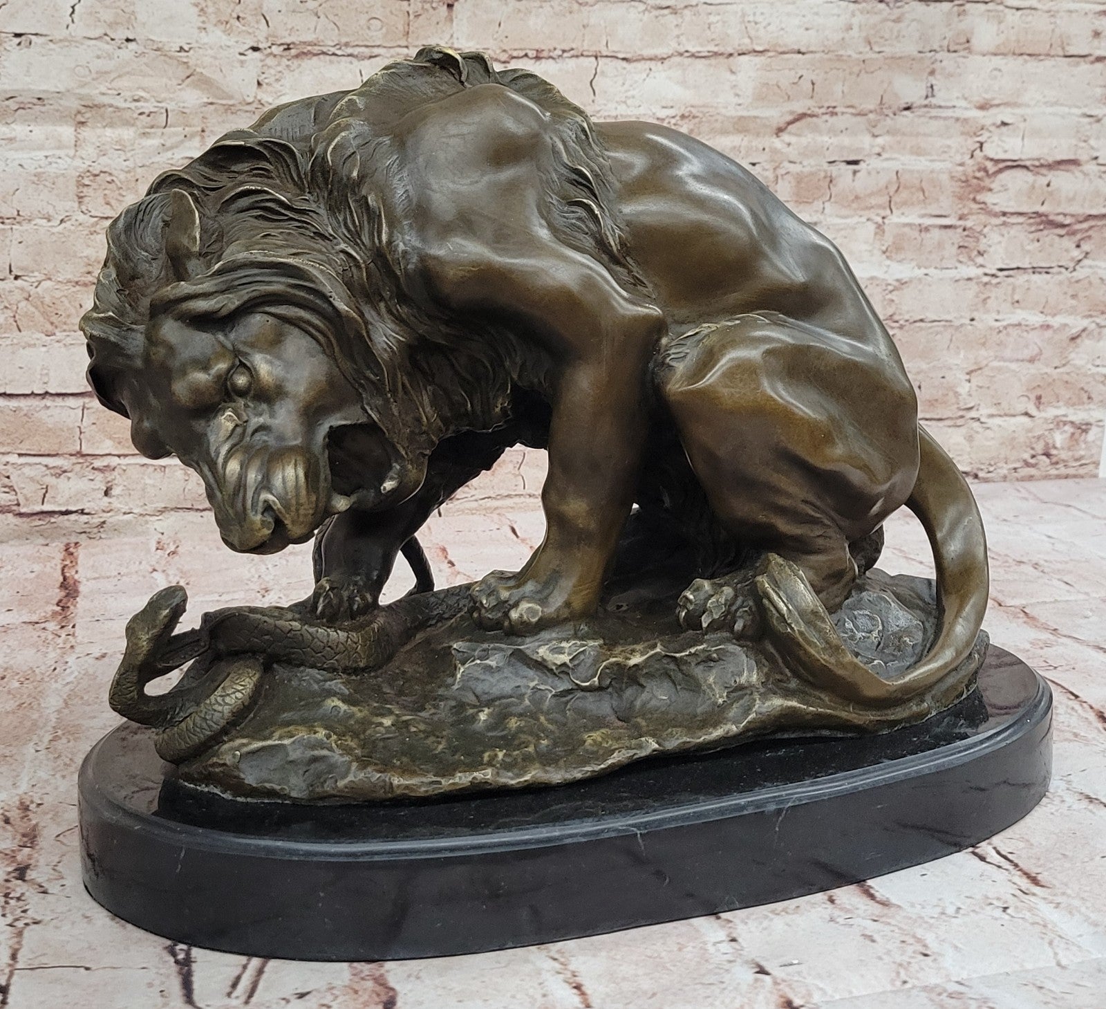 Handcrafted Extra Large Lion and Serpent Museum Quality Bronze Artwork Sculpture