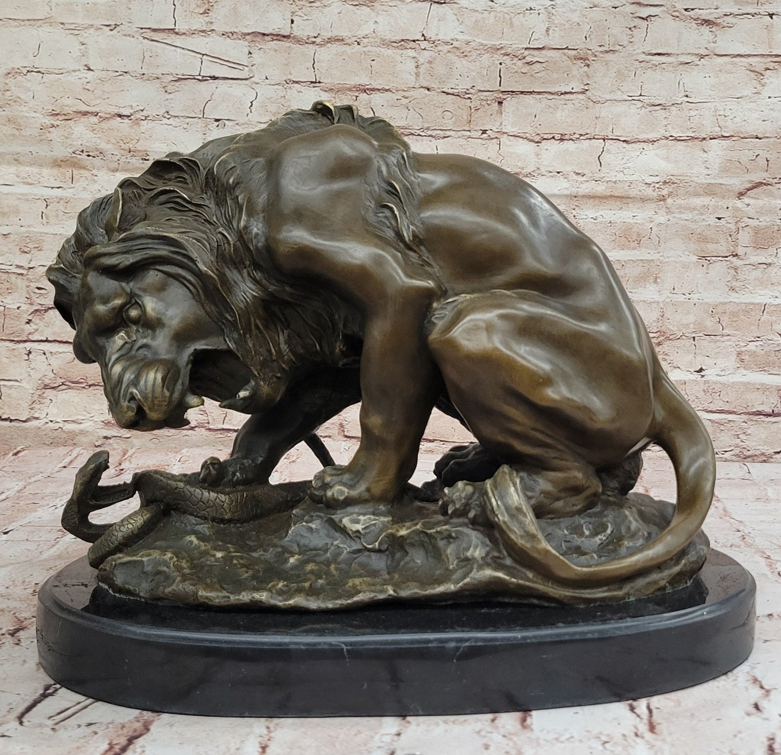Handcrafted Extra Large Lion and Serpent Museum Quality Bronze Artwork Sculpture