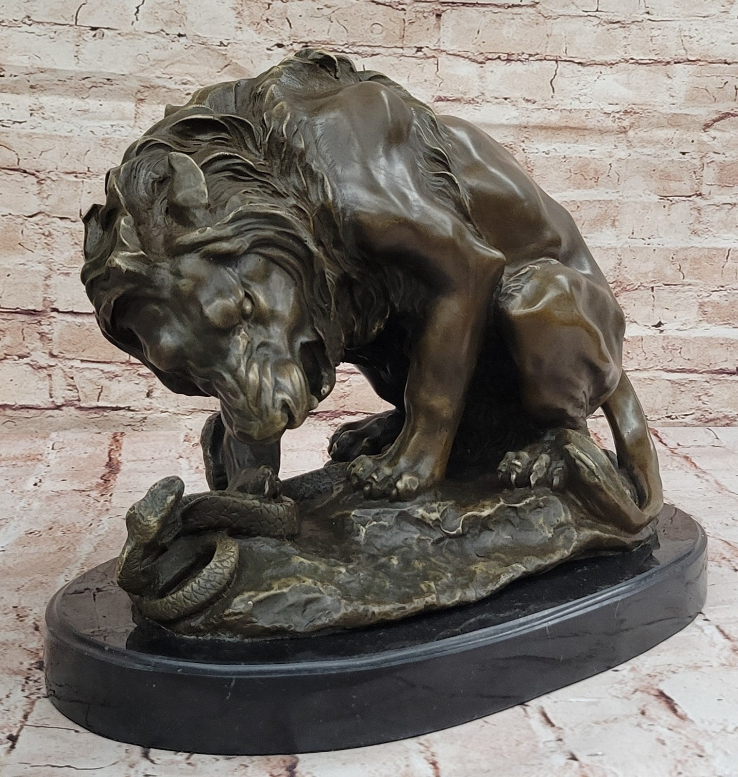 Handcrafted Extra Large Lion and Serpent Museum Quality Bronze Artwork Sculpture