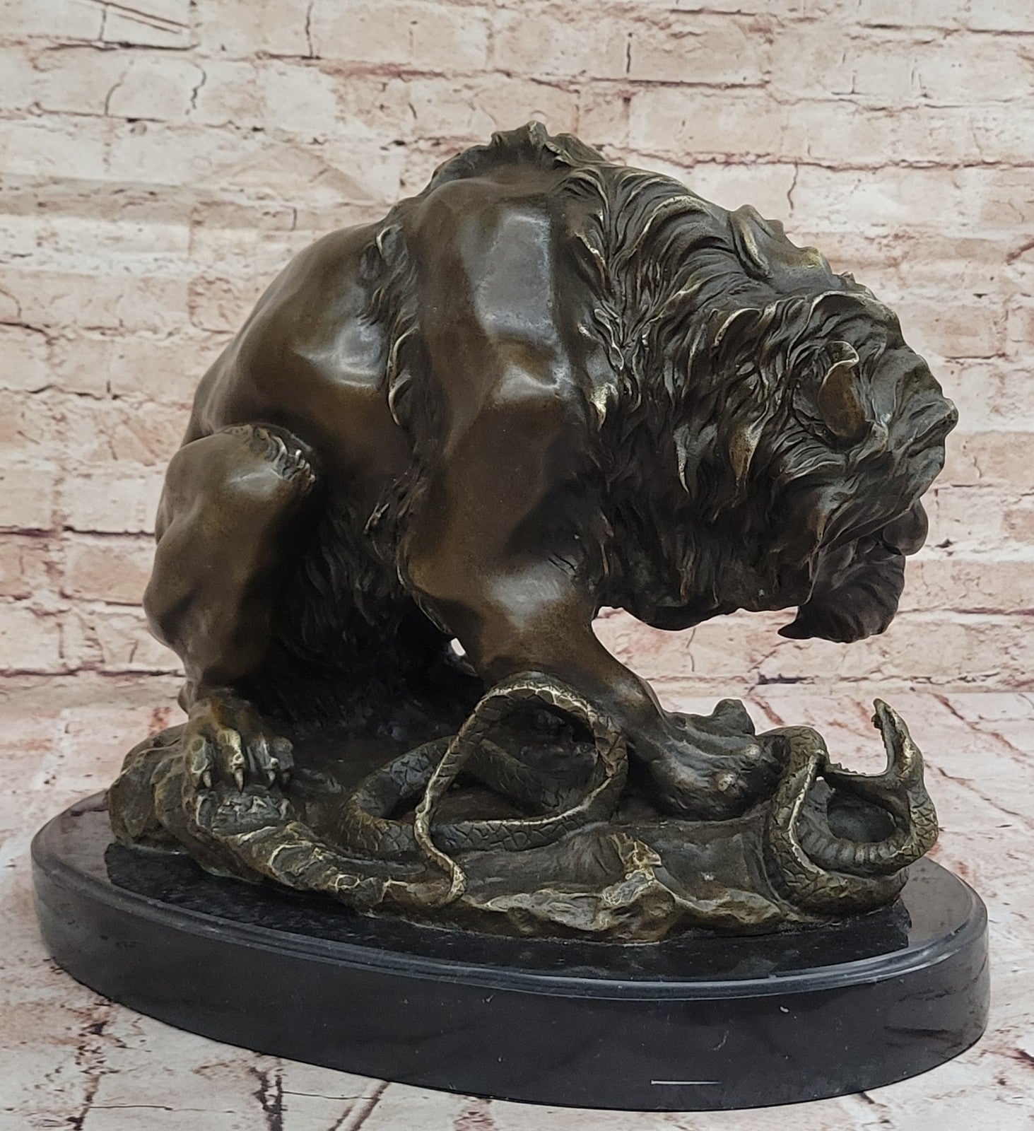 Handcrafted Extra Large Lion and Serpent Museum Quality Bronze Artwork Sculpture