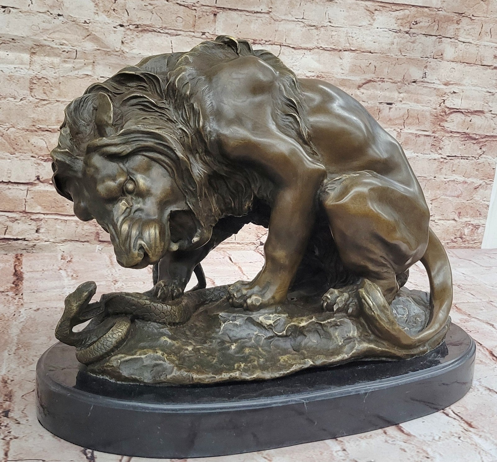 Handcrafted Extra Large Lion and Serpent Museum Quality Bronze Artwork Sculpture