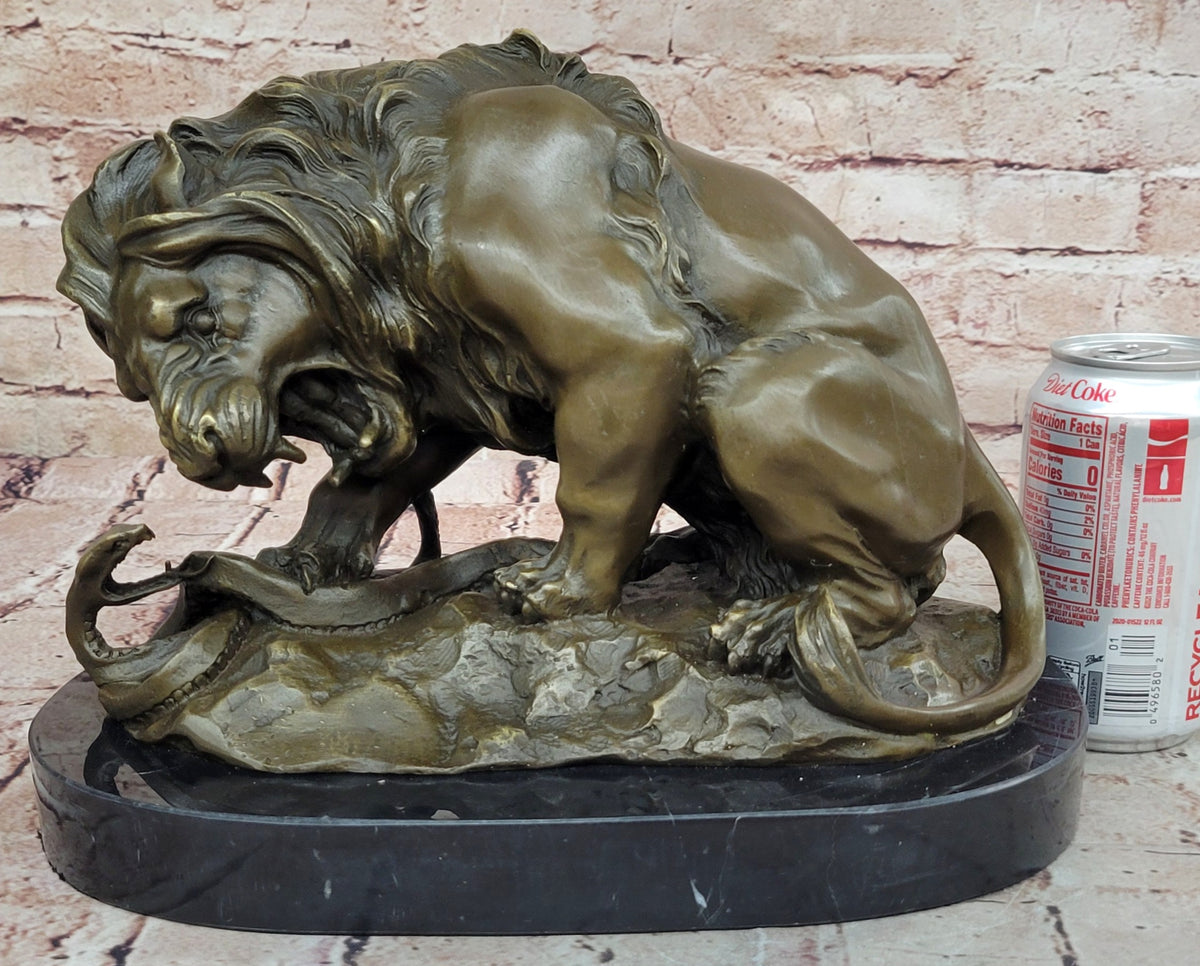 Bronze Lion and Snake Sculpture on Solid Marble Base