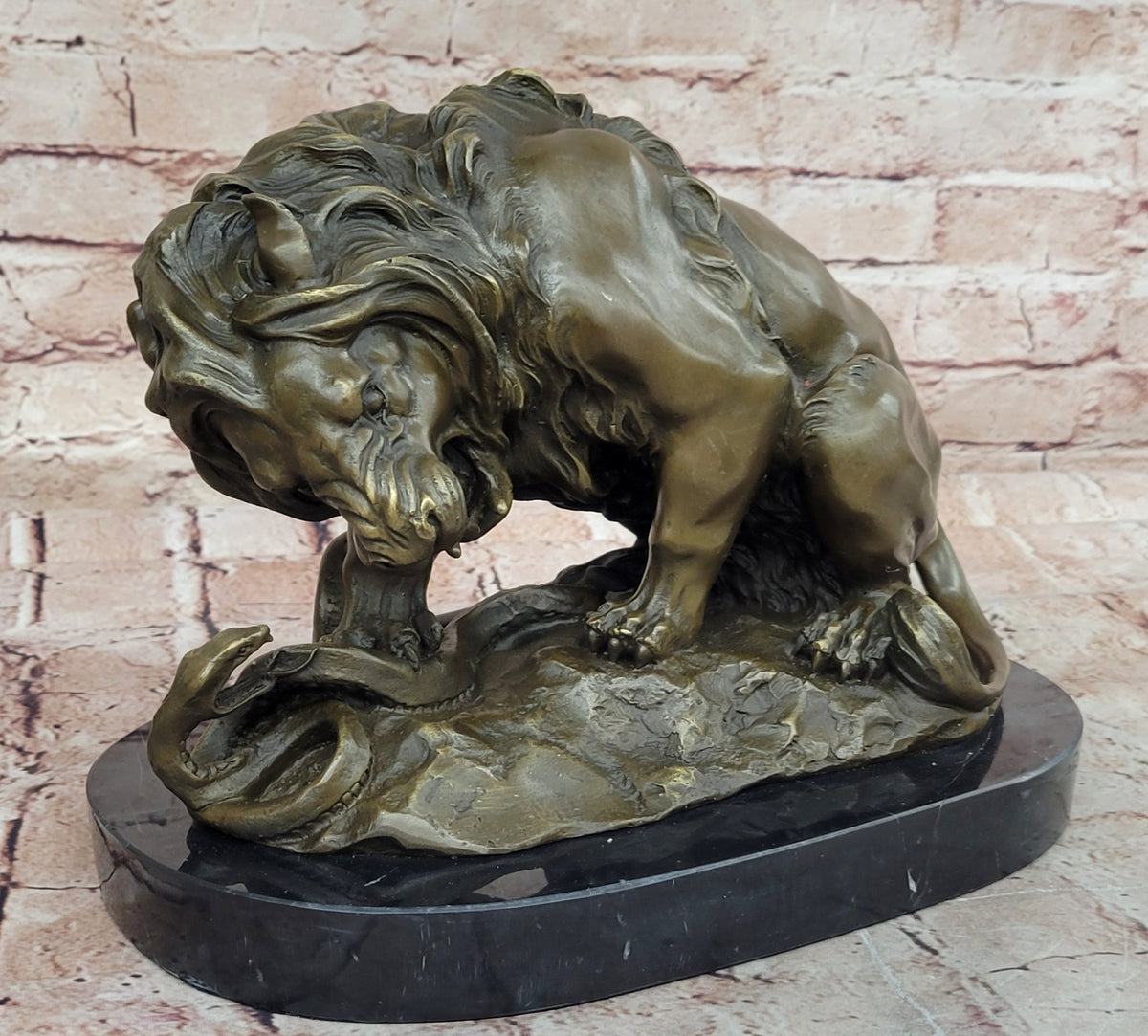 Bronze Lion and Snake Sculpture on Solid Marble Base