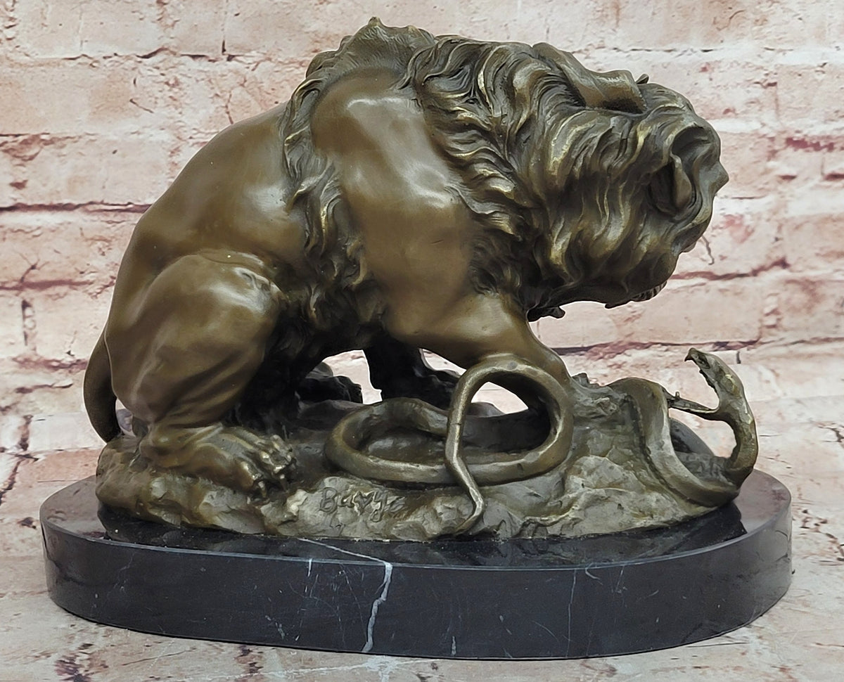 Bronze Lion and Snake Sculpture on Solid Marble Base