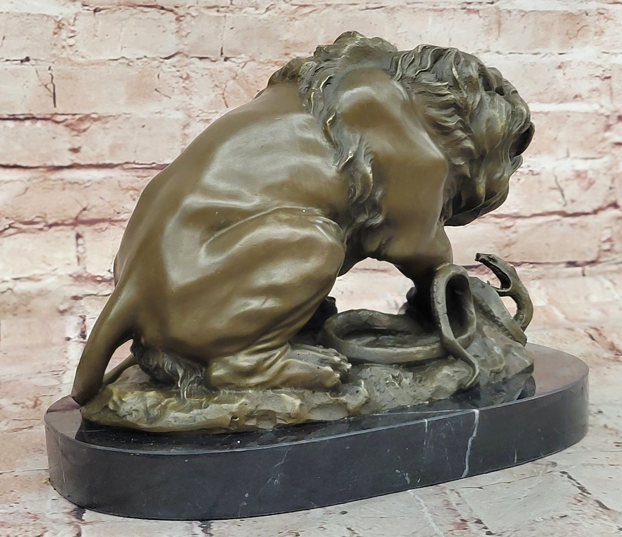 Bronze Lion and Snake Sculpture on a solid marble base, Art, Ornament.