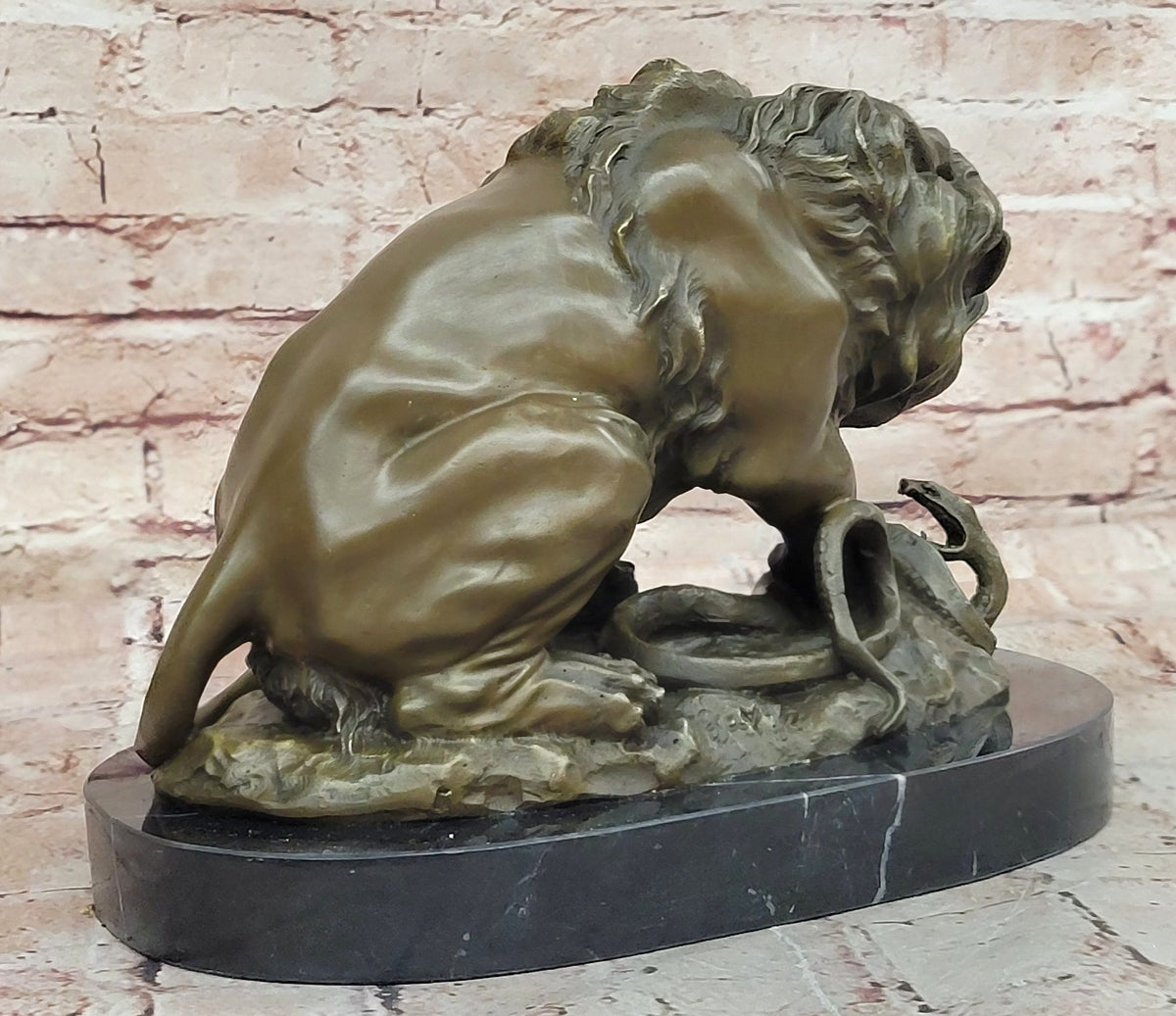 Bronze Lion and Snake Sculpture on Solid Marble Base