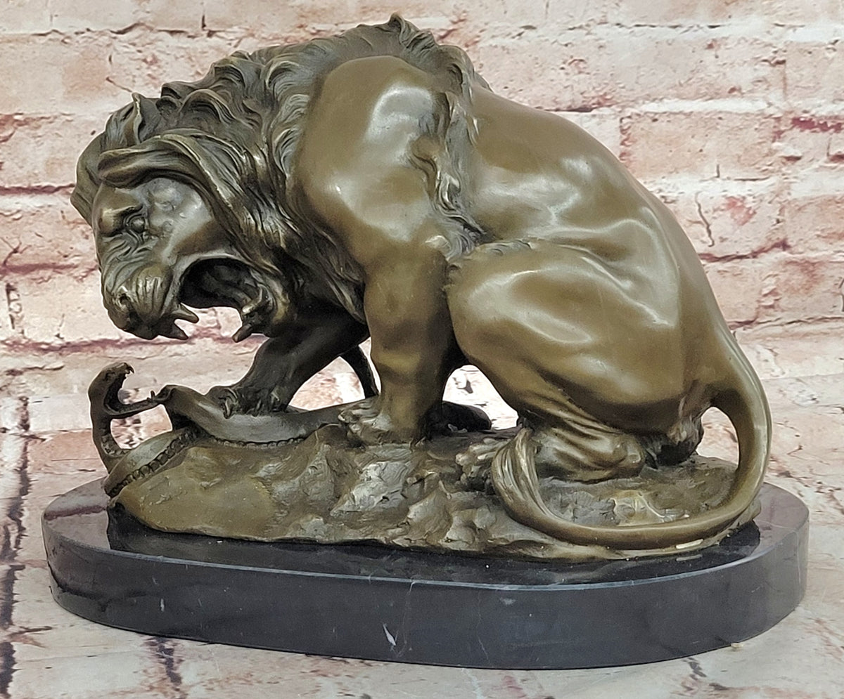 Bronze Lion and Snake Sculpture on Solid Marble Base