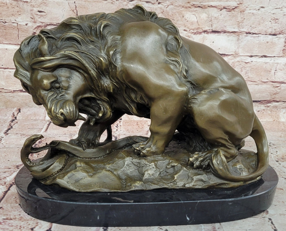 Bronze Lion and Snake Sculpture on Solid Marble Base