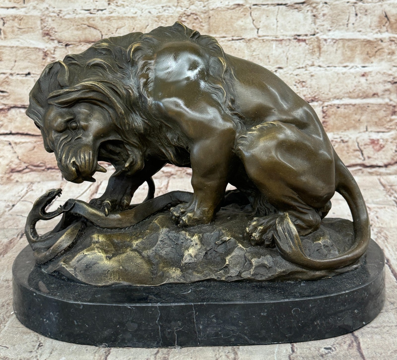 Bronze Lion and Snake Sculpture on a solid marble base, Art, Ornament.