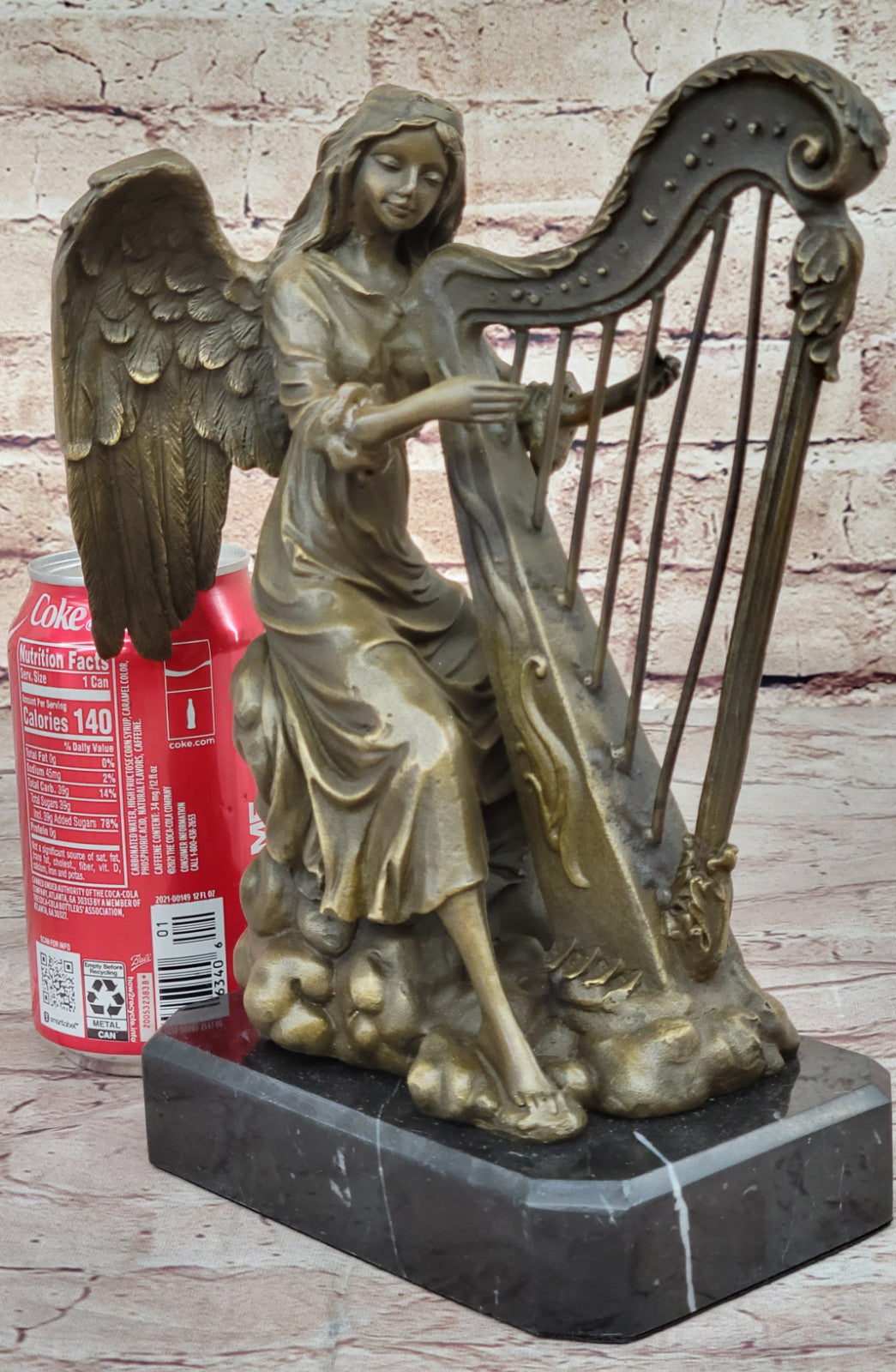 Hot Cast Bronze Sculpture: Angel Playing Harp, Fine Art Music Theme Decor