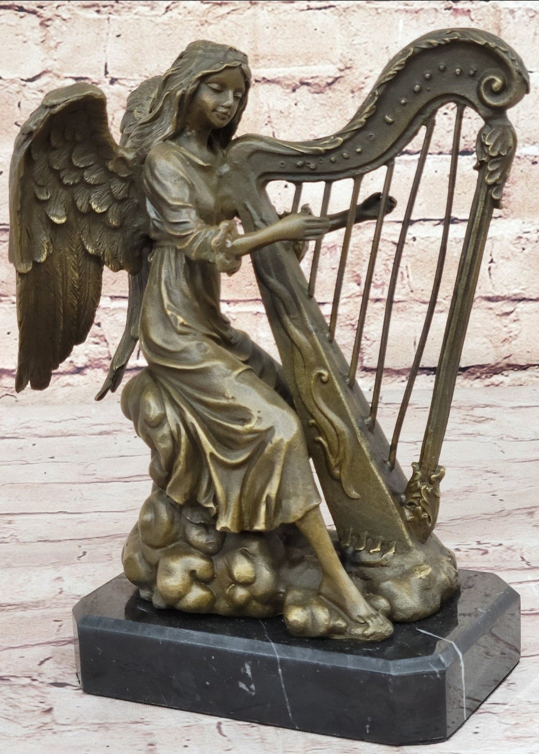 Hot Cast Bronze Sculpture: Angel Playing Harp, Fine Art Music Theme Decor