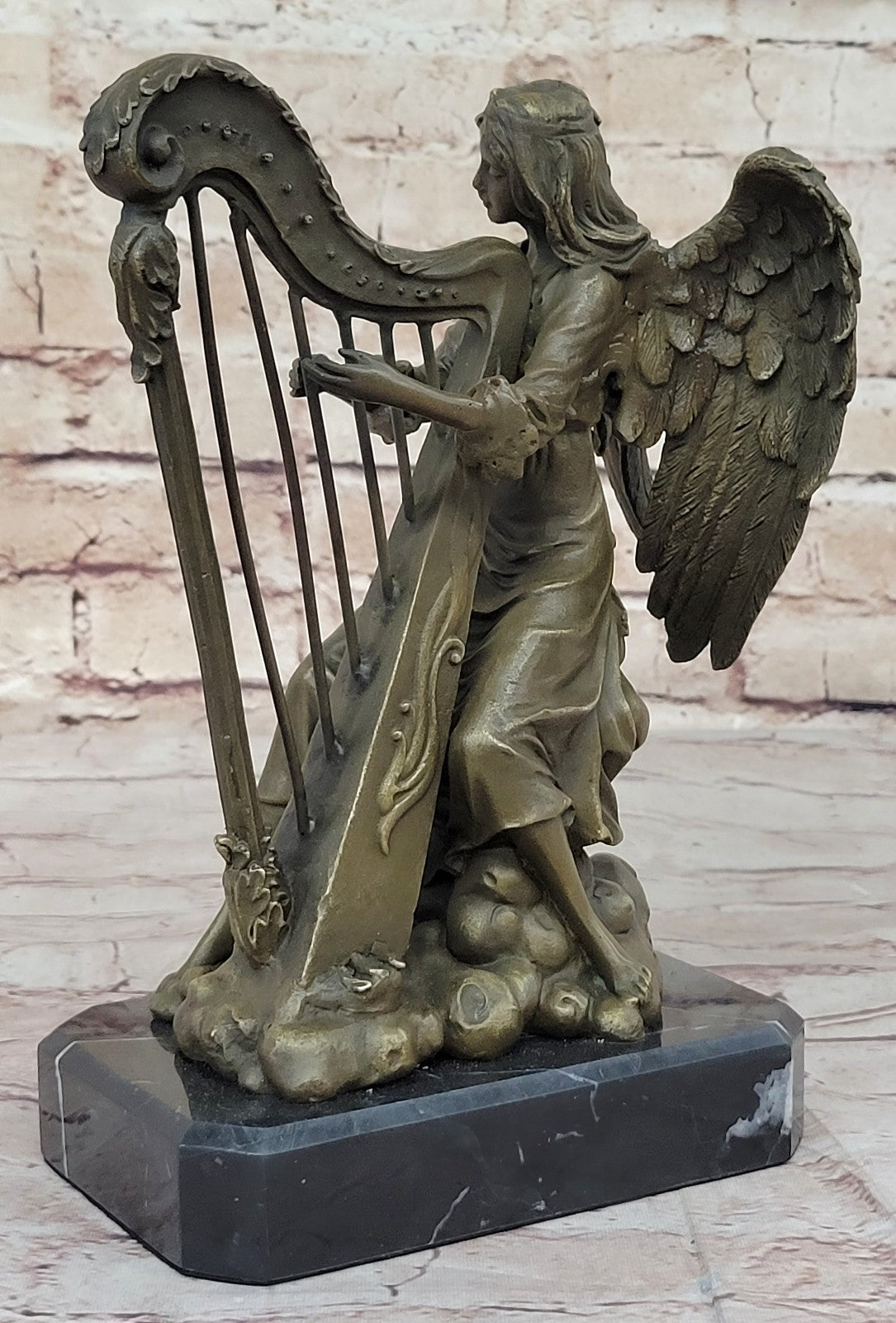 Hot Cast Bronze Sculpture: Angel Playing Harp, Fine Art Music Theme Decor
