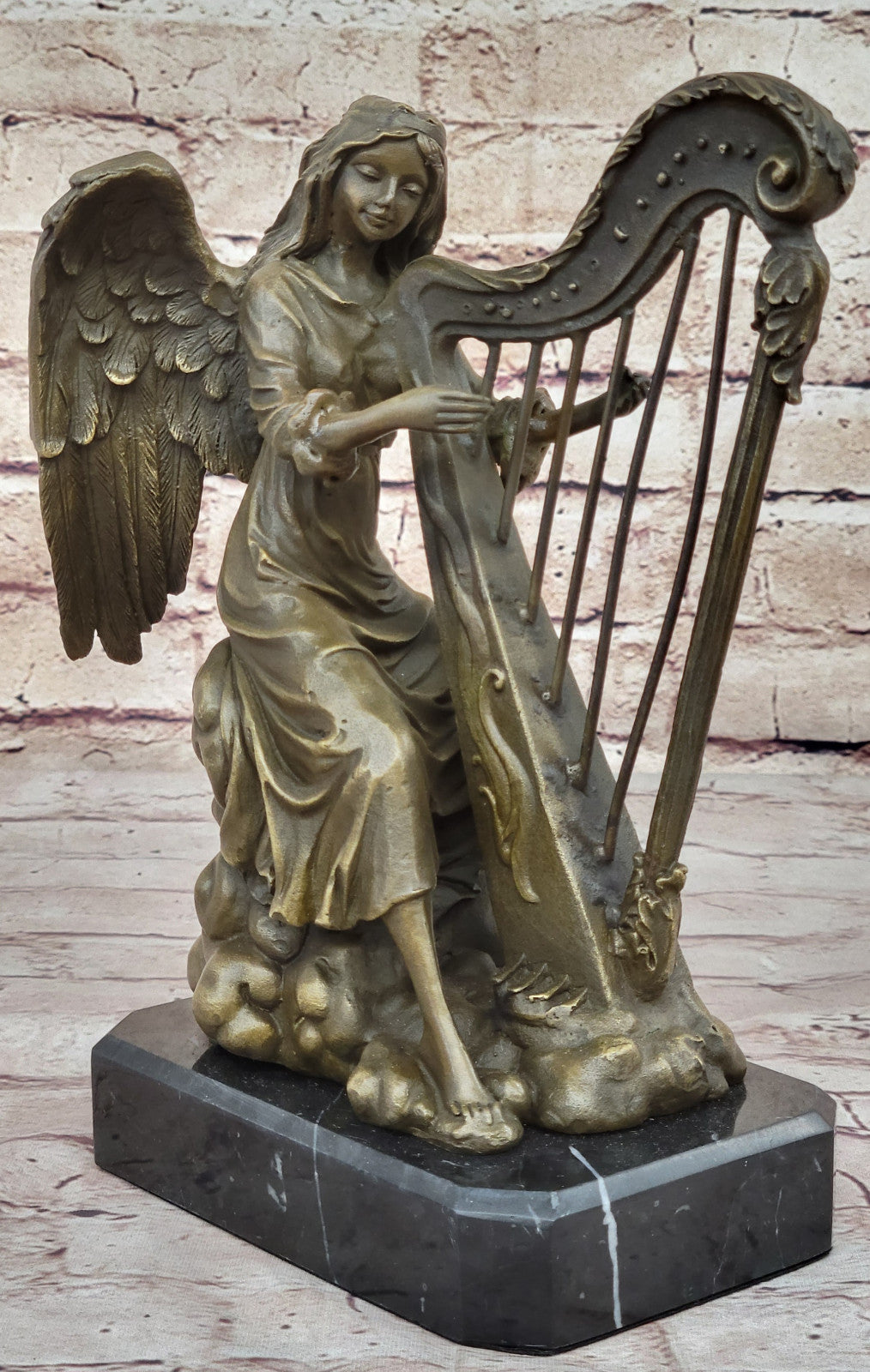 Hot Cast Bronze Sculpture: Angel Playing Harp, Fine Art Music Theme Decor