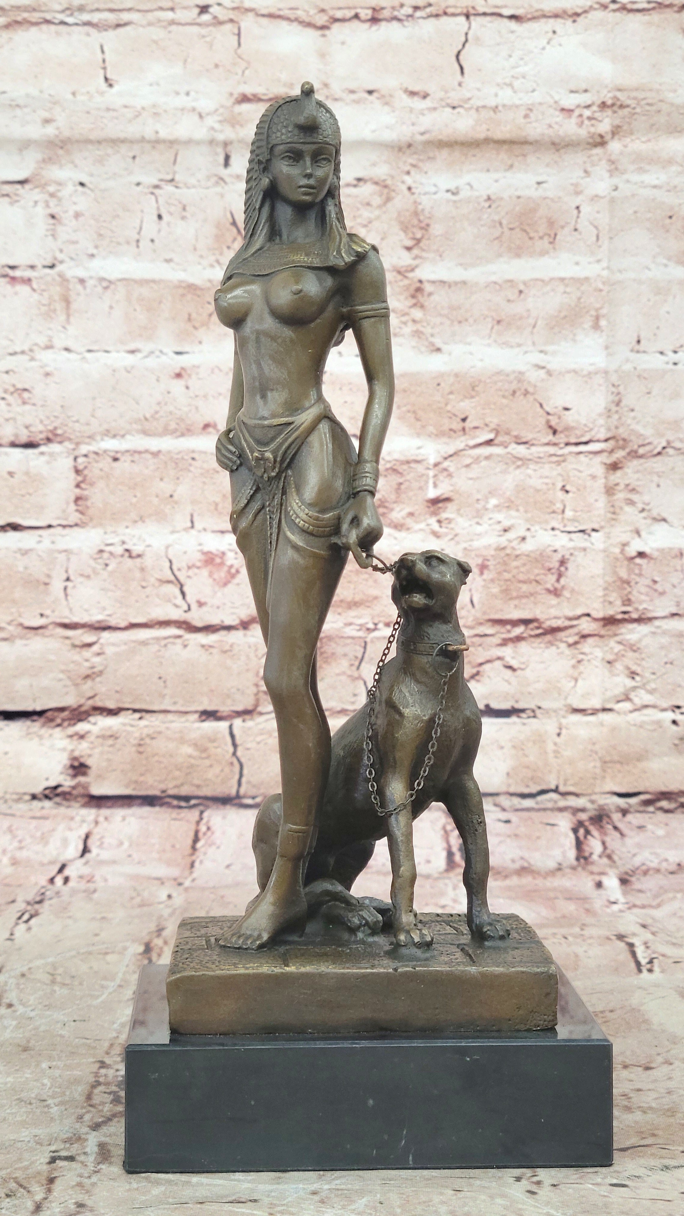 Buy Bronze Nude Cleopatra with Panther Sculpture – Hot Cast Figurine Statue by Fisher | Egyptian Queen Art for Sale