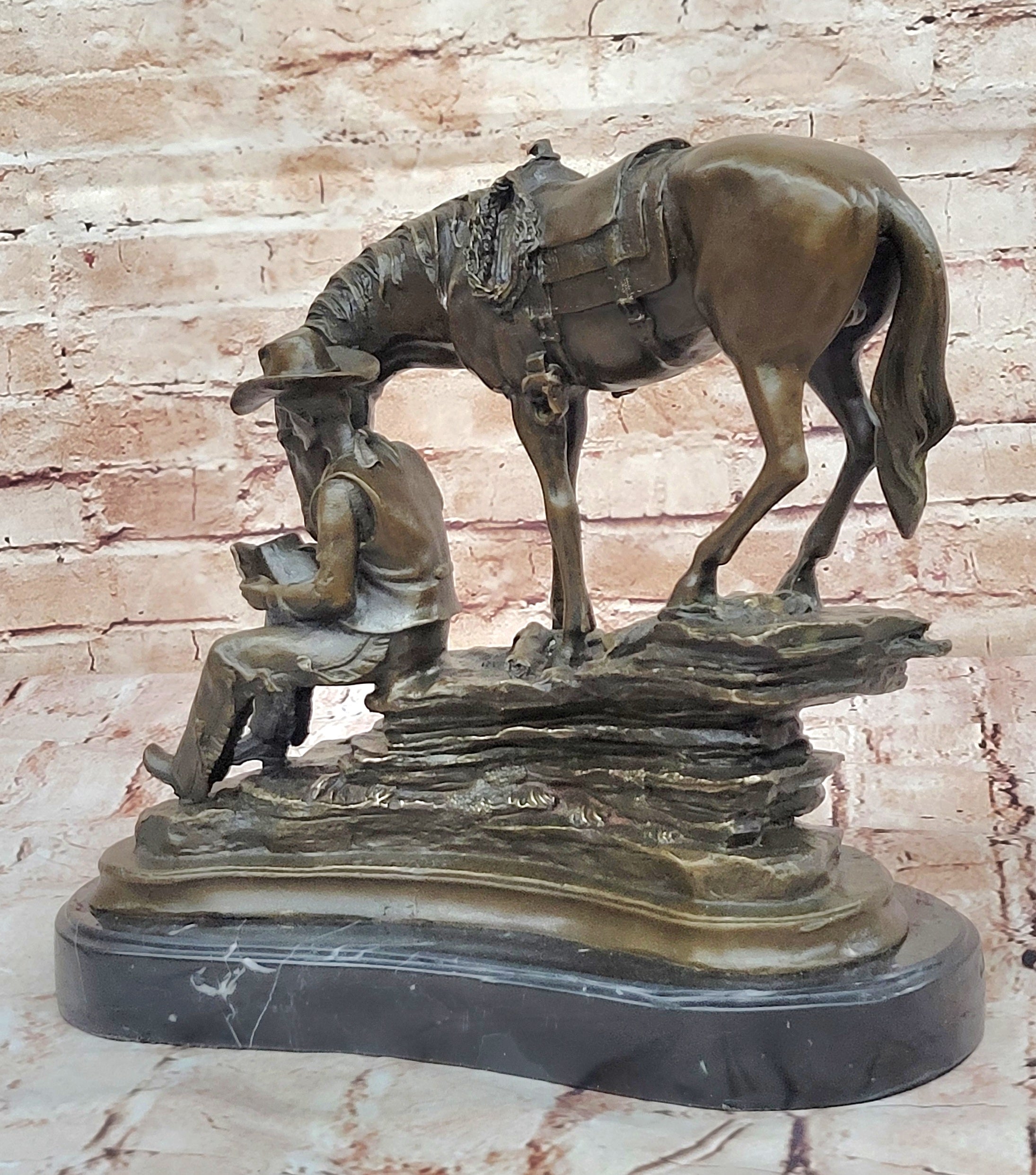 Horse Cowboy Lover Western Saddle Ranch Farm Art Bronze Marble Statue Sculpture