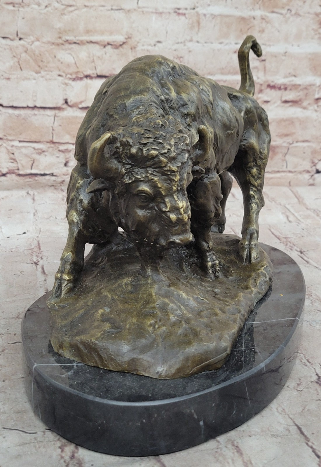 Hot Cast Bronze American Buffalo Sculpture Signed Barye Hand Made Figurine Decor