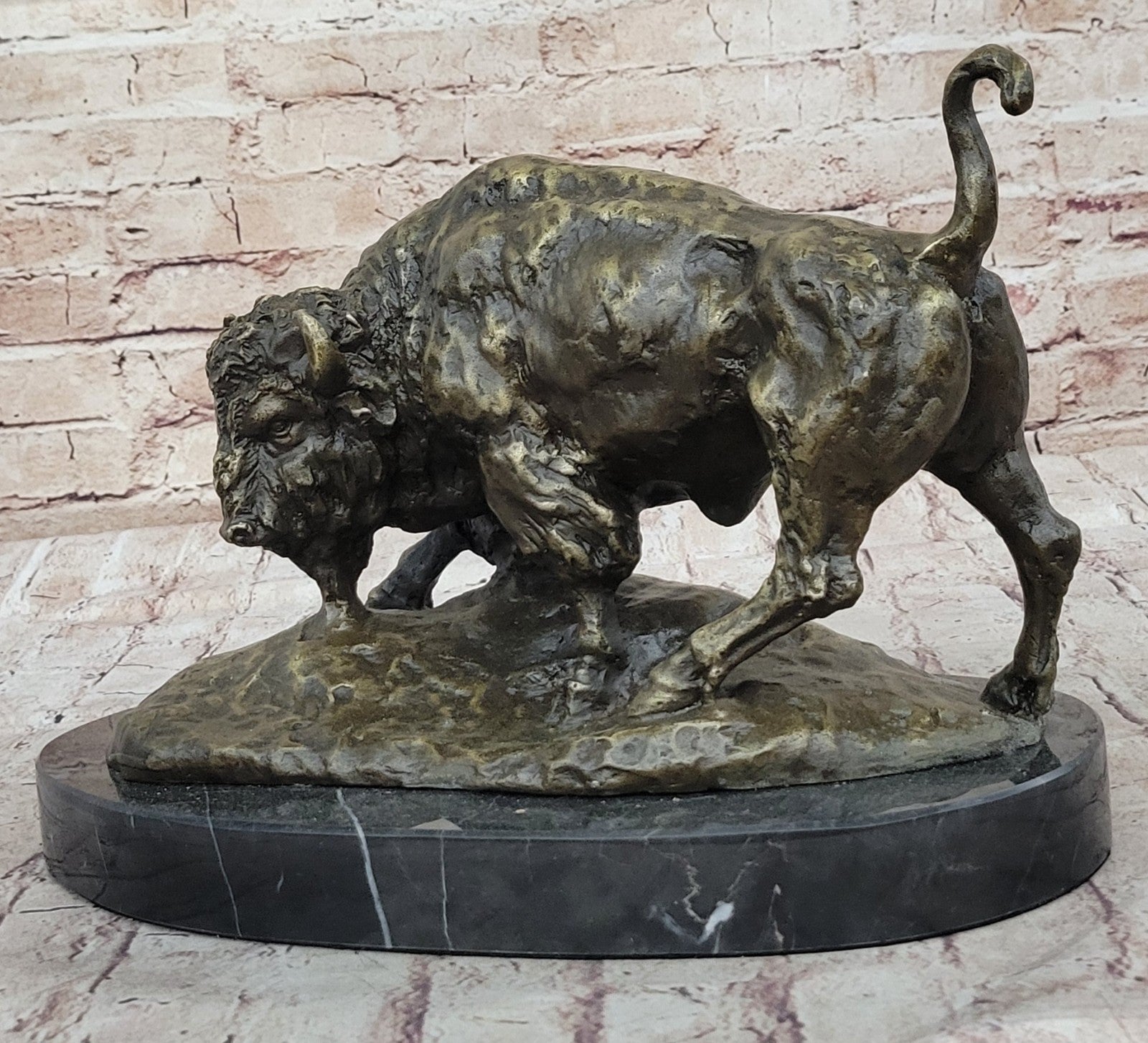 Hot Cast Bronze American Buffalo Sculpture Signed Barye Hand Made Figurine Decor