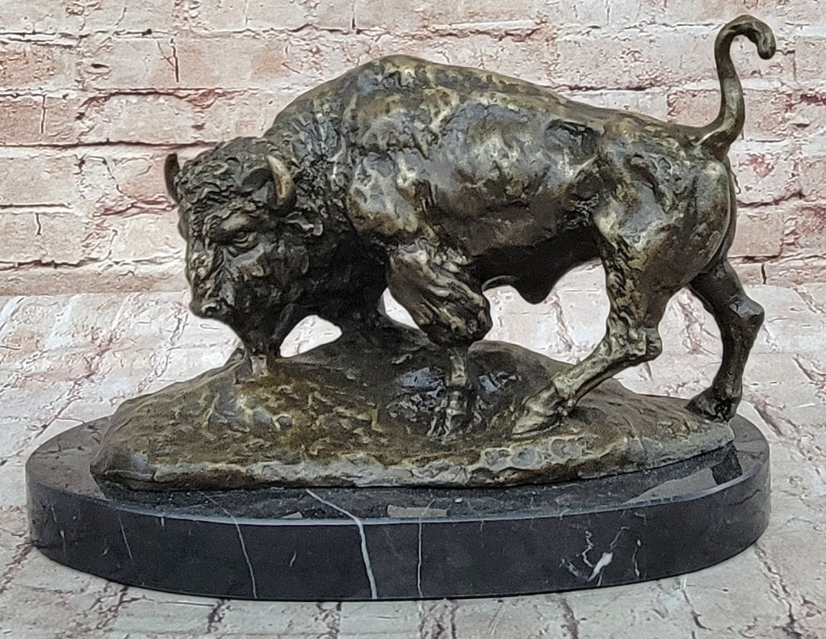 Hot Cast Bronze American Buffalo Sculpture Signed Barye Hand Made Figurine Decor