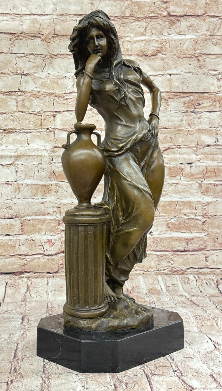Handcrafted bronze sculpture SALE Again Leaning Ponders Maiden Beautiful Signed