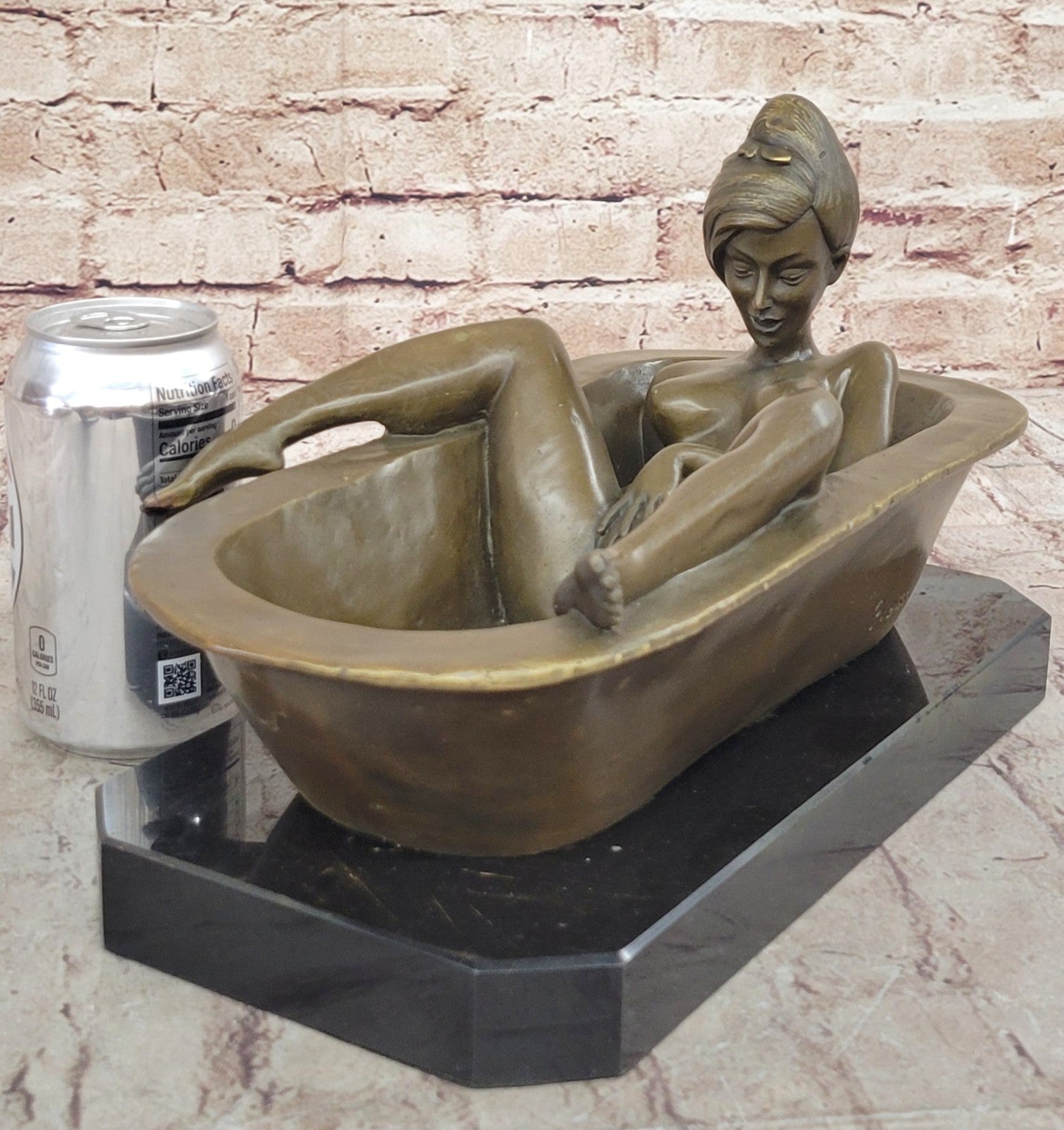 Signed Preiss Lost Wax Nude Lady in Hot tub Bronze Sculpture Marble Statue Deco