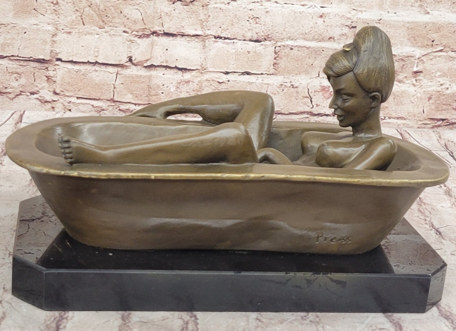 Signed Preiss Lost Wax Nude Lady in Hot tub Bronze Sculpture Marble Statue Deco