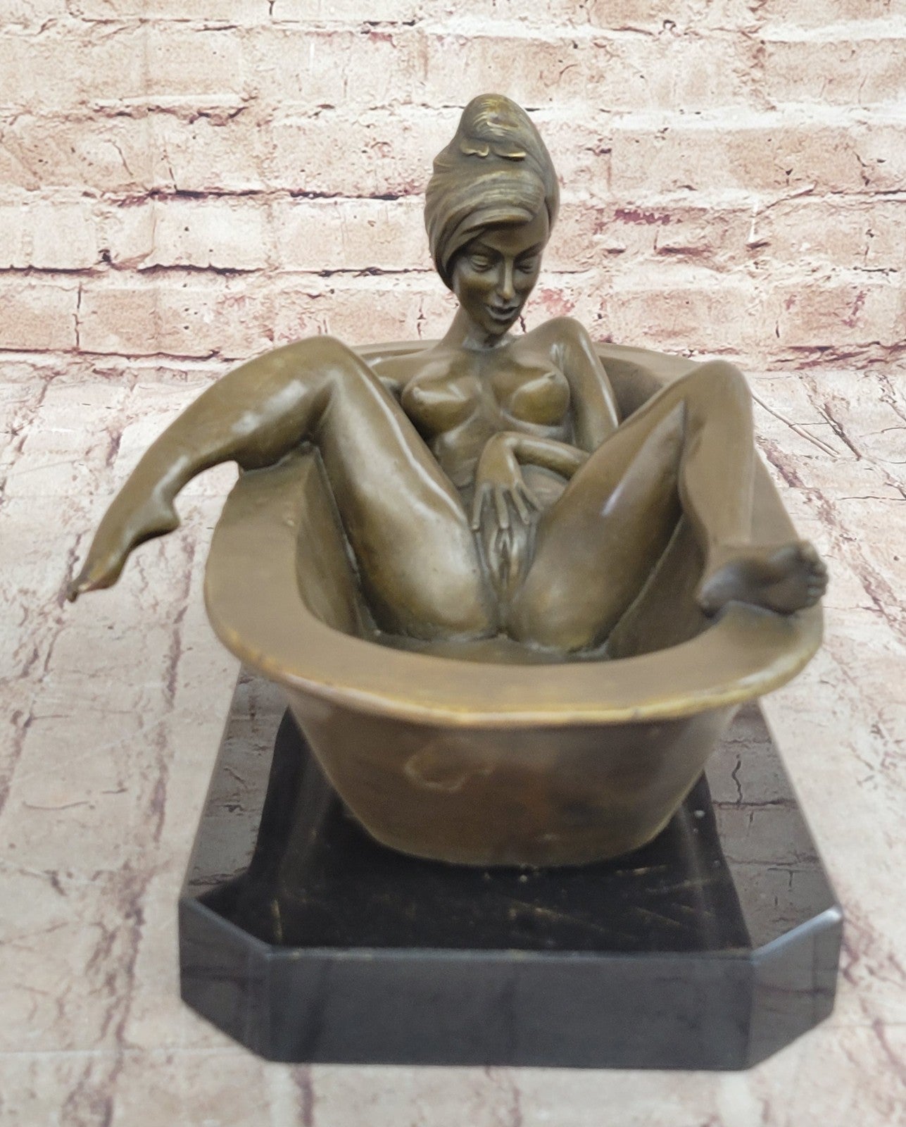 Signed Preiss Lost Wax Nude Lady in Hot tub Bronze Sculpture Marble Statue Deco