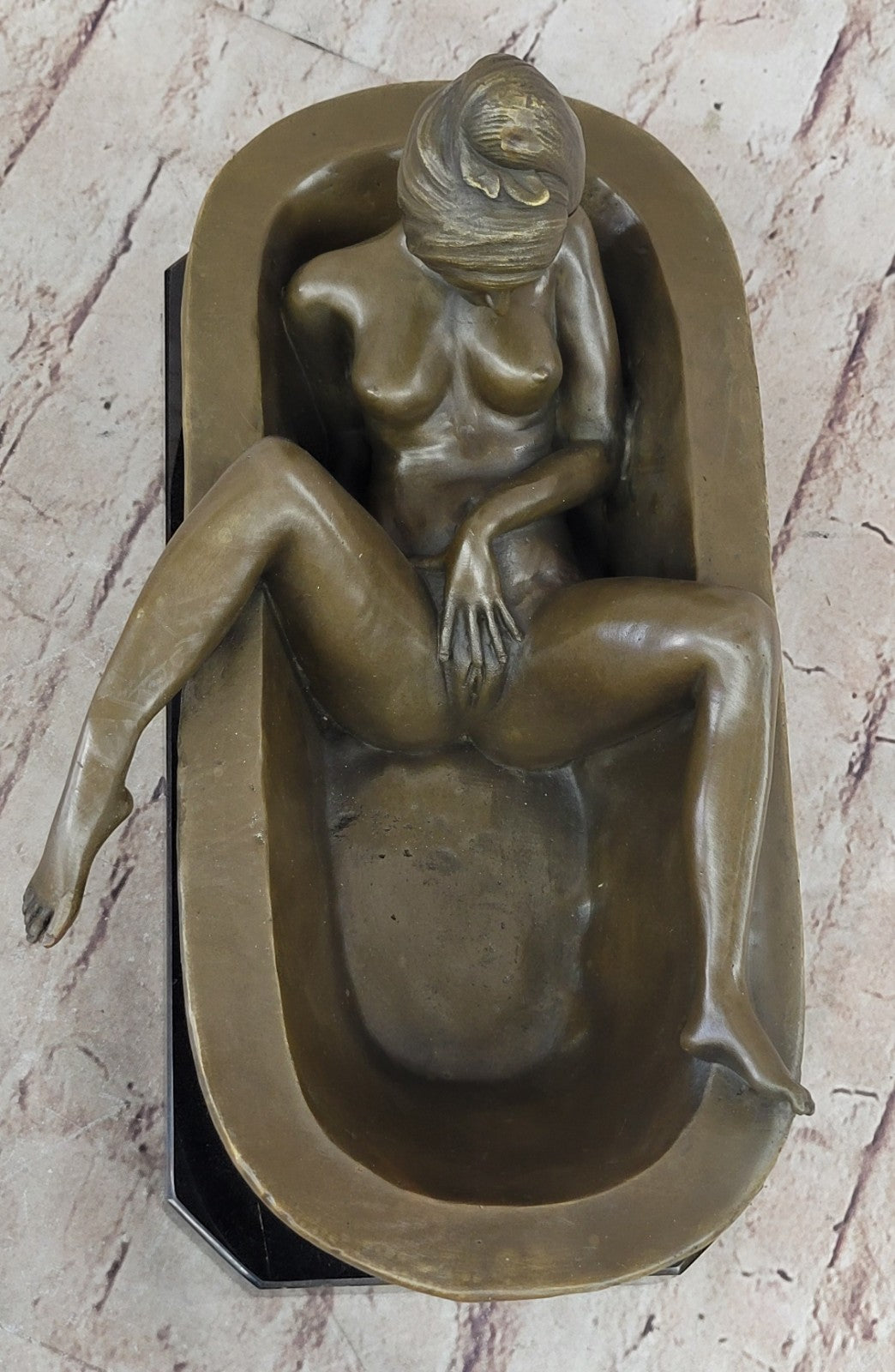 Signed Preiss Lost Wax Nude Lady in Hot tub Bronze Sculpture Marble Statue Deco