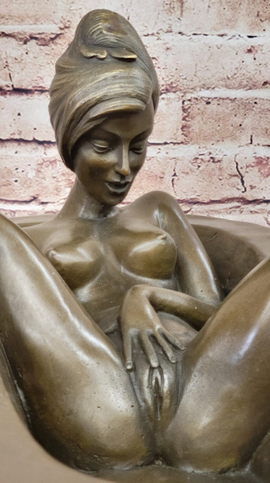 Signed Preiss Lost Wax Nude Lady in Hot tub Bronze Sculpture Marble Statue Deco