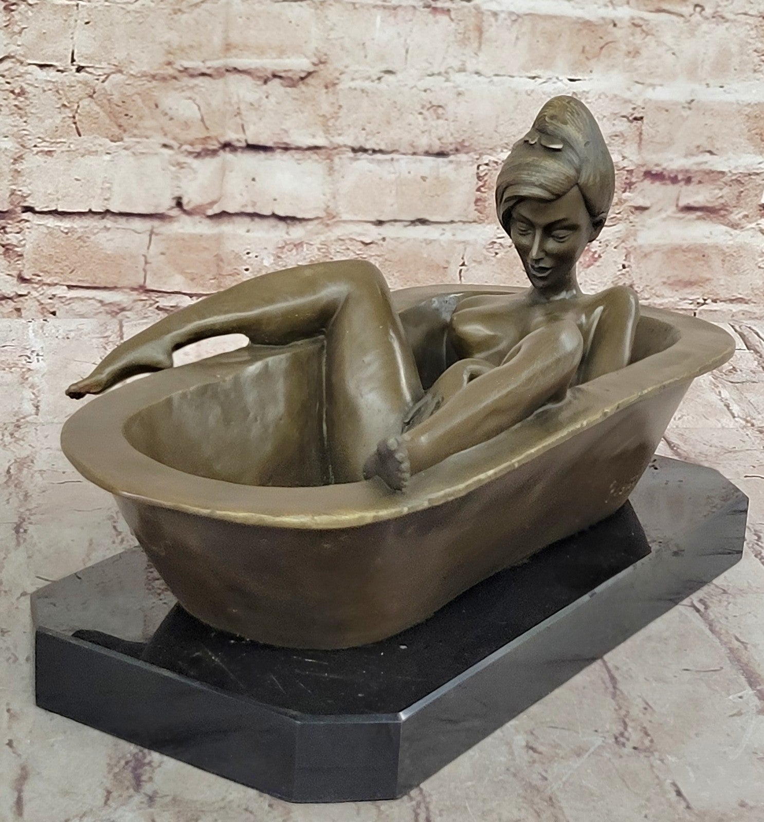 Signed Preiss Lost Wax Nude Lady in Hot tub Bronze Sculpture Marble Statue Deco