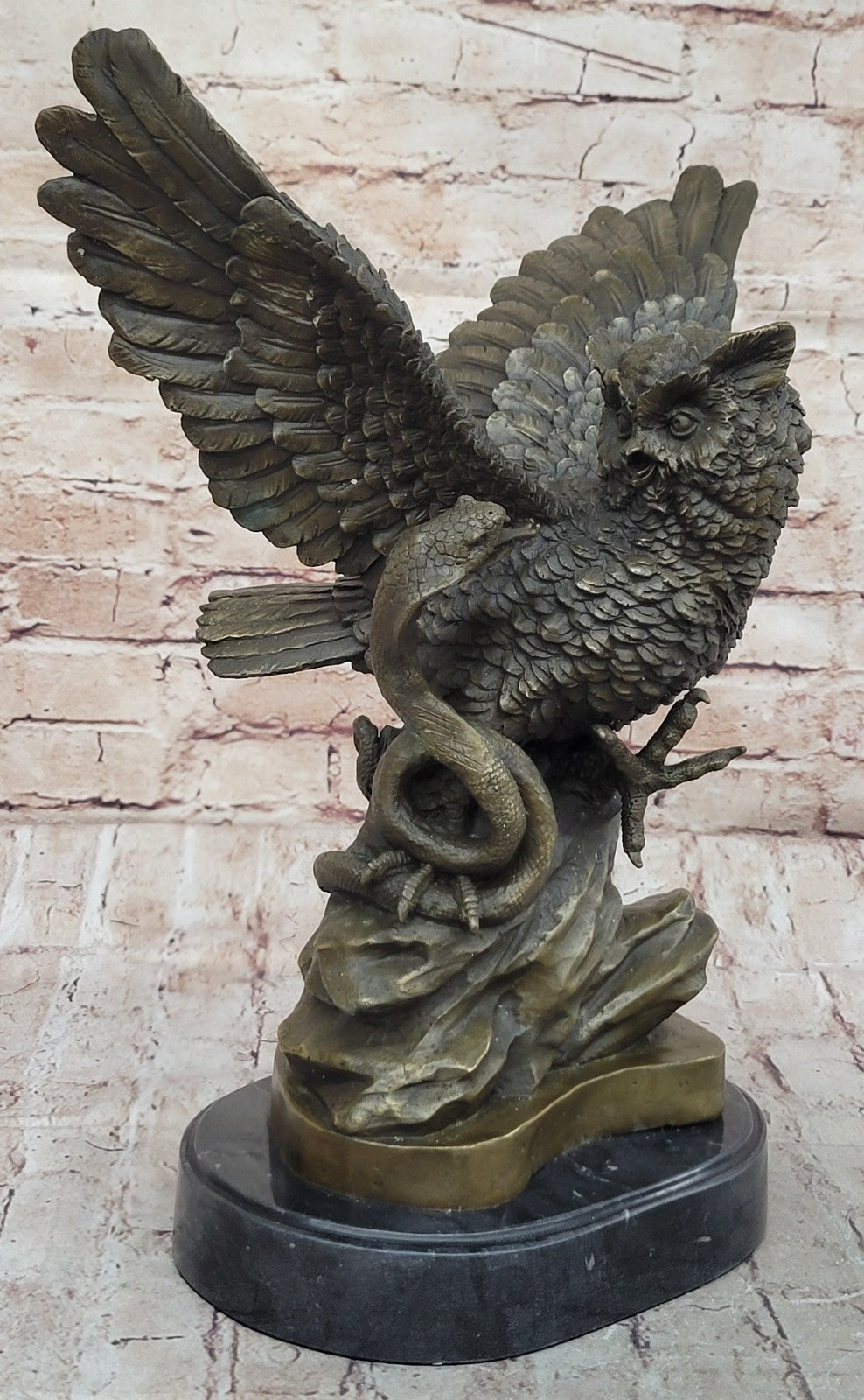 Handcrafted Detailed Snake Fighting Owl Bronze Sculpture Marble Base Figurine