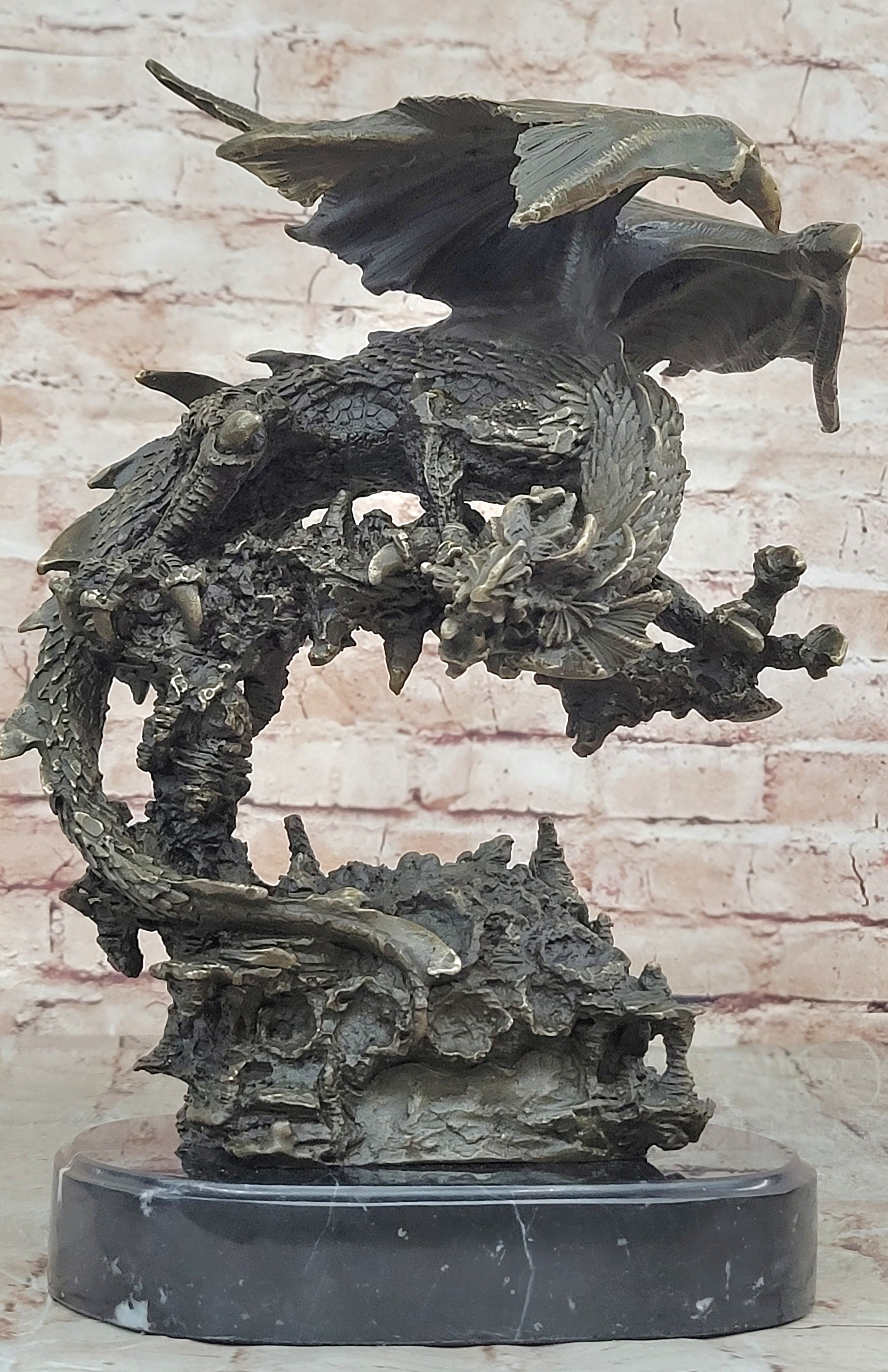 Handcrafted bronze sculpture SALE Dragon Flying Mythical Original Signed *