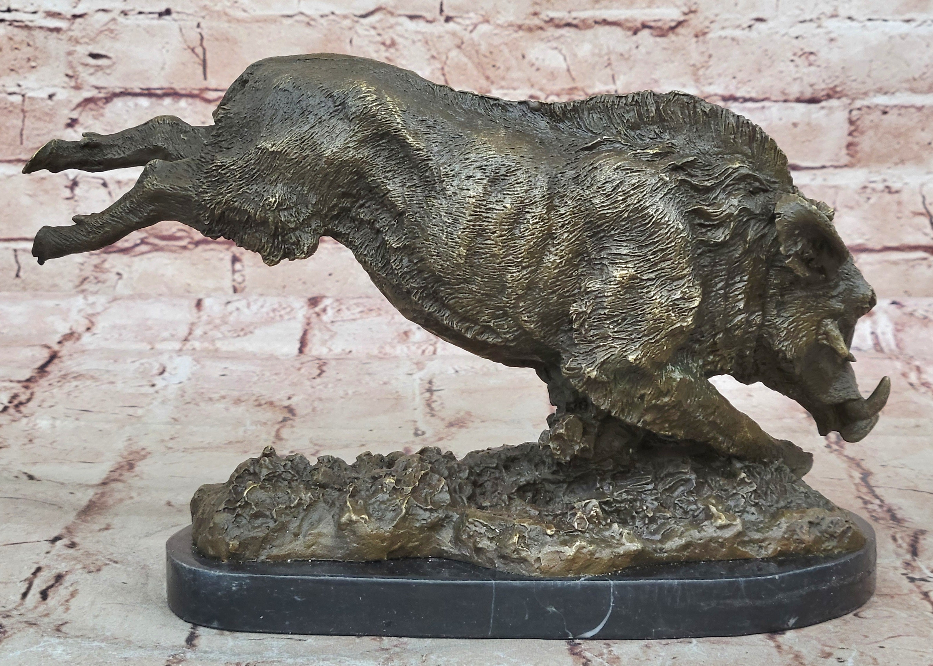 China Chinese Marble Base Bronze Wild Animal Boar Pig Figure Statue Sculpture