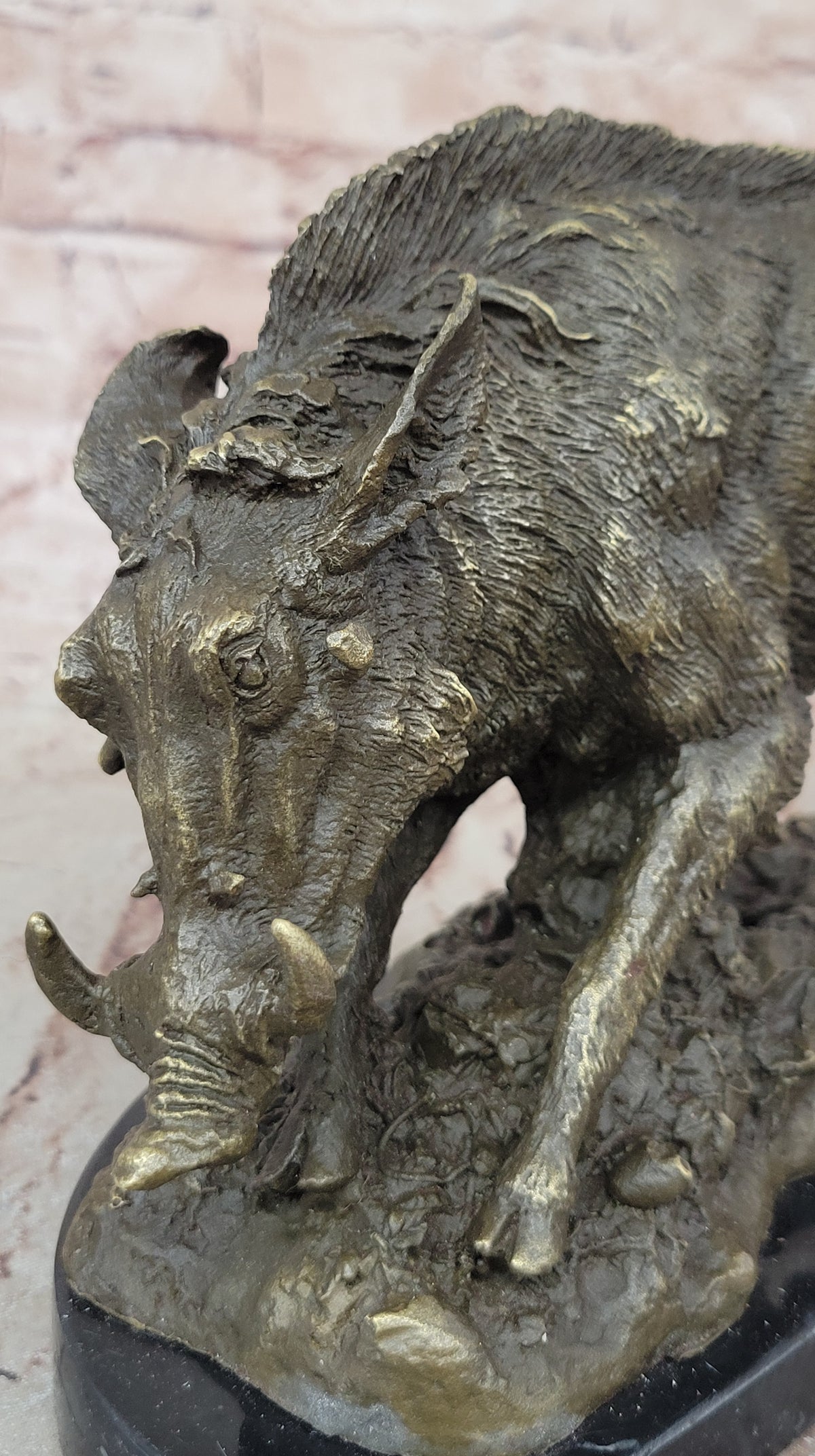 China Chinese Marble Base Bronze Wild Animal Boar Pig Figure Statue Sculpture