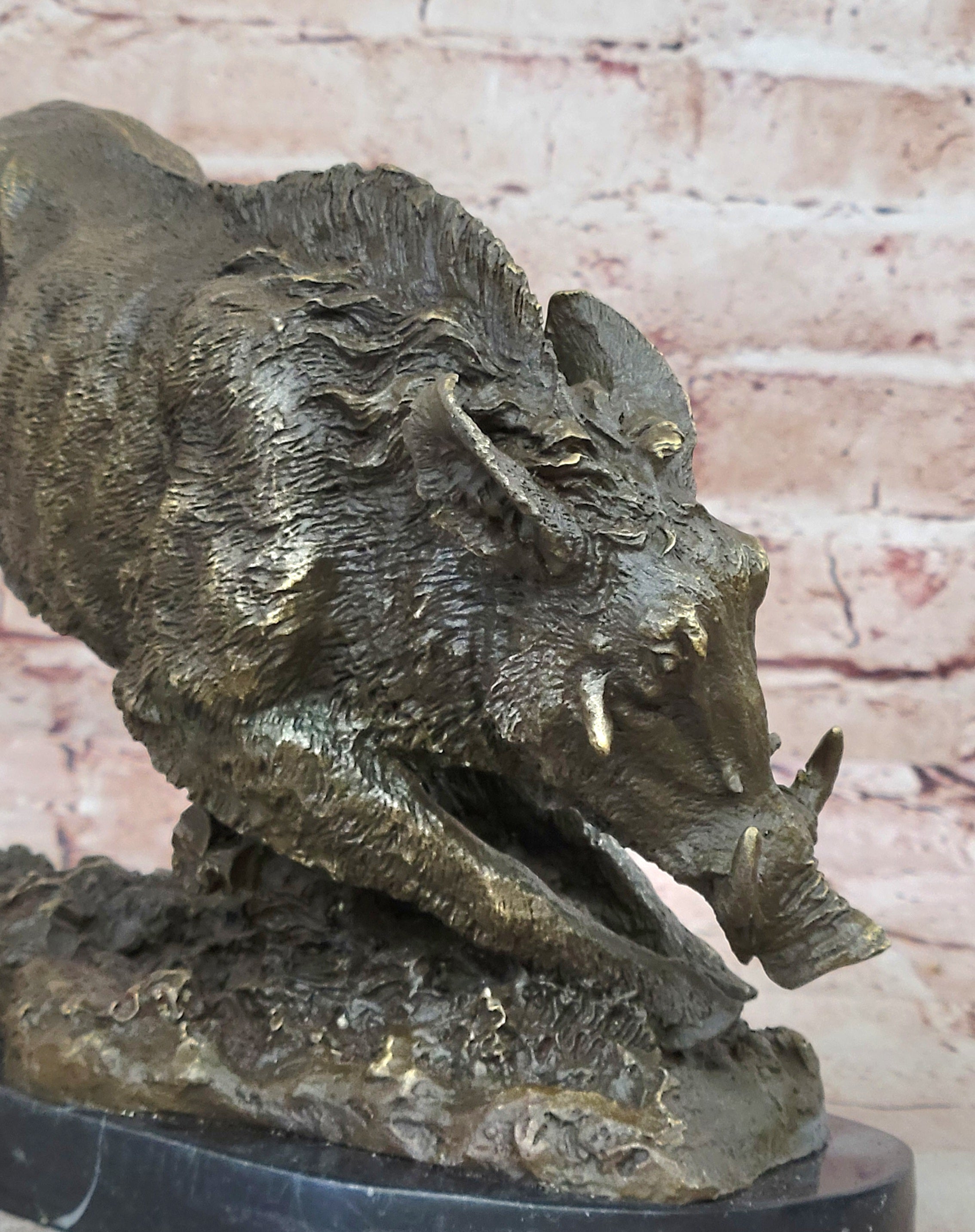 China Chinese Marble Base Bronze Wild Animal Boar Pig Figure Statue Sculpture