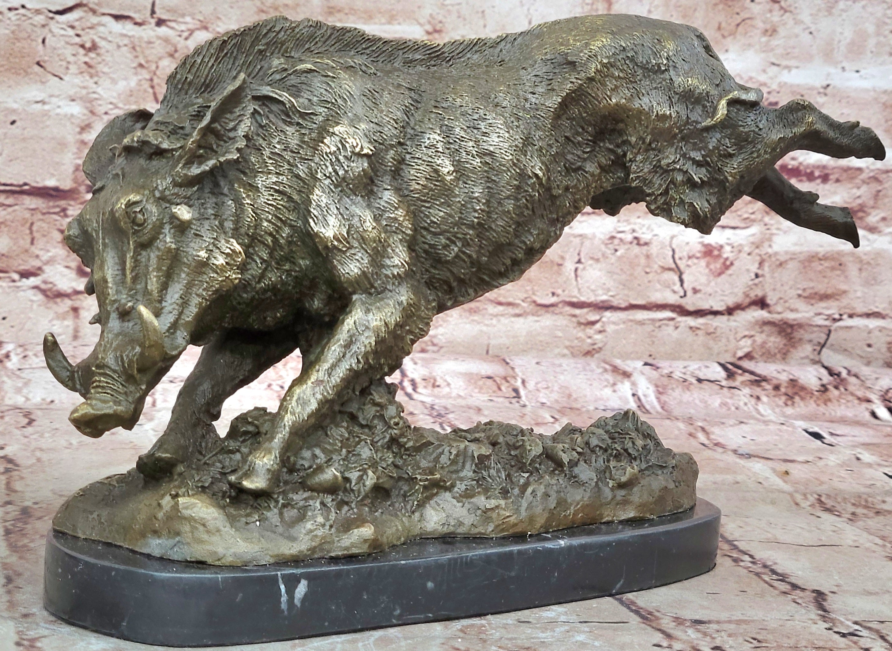 China Chinese Marble Base Bronze Wild Animal Boar Pig Figure Statue Sculpture