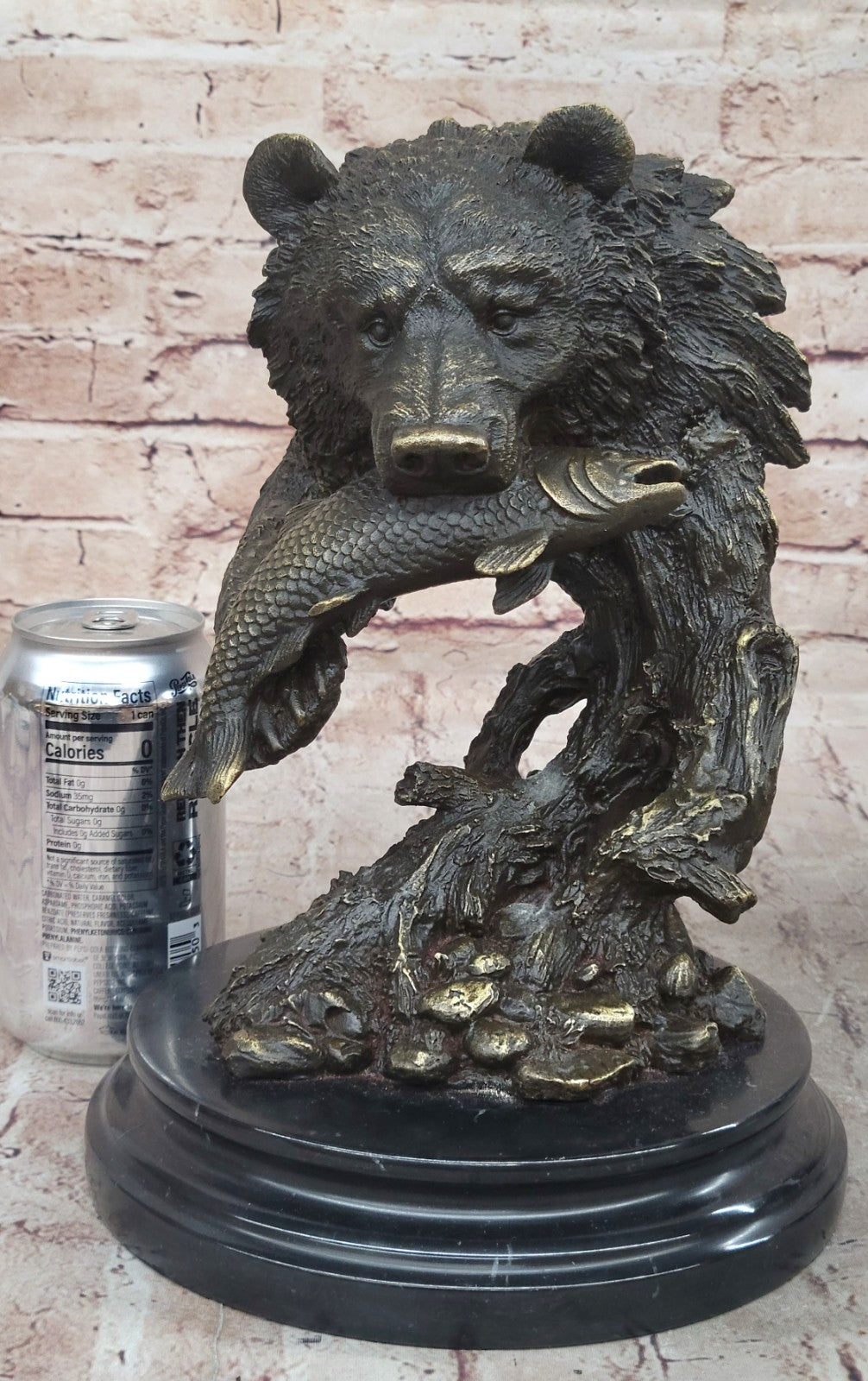 Bronze Sculpture Statue Bear Head Bust With Fish Marble Handcrafted Figurine Ar