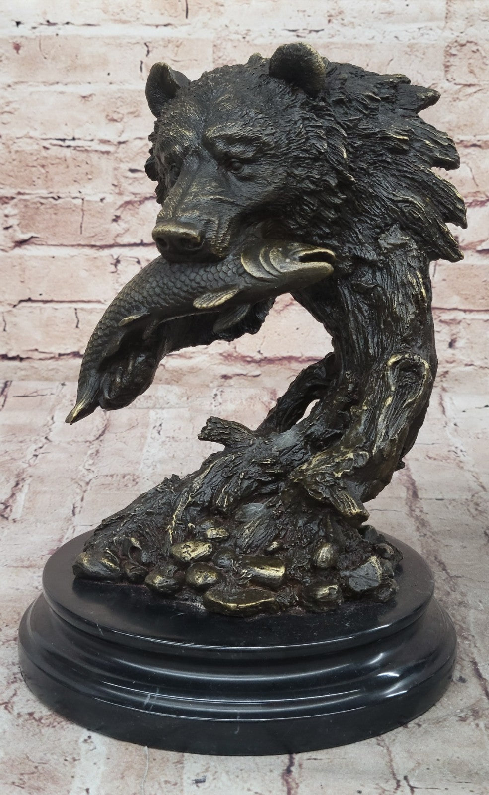 Bronze Sculpture Statue Bear Head Bust With Fish Marble Handcrafted Figurine Ar