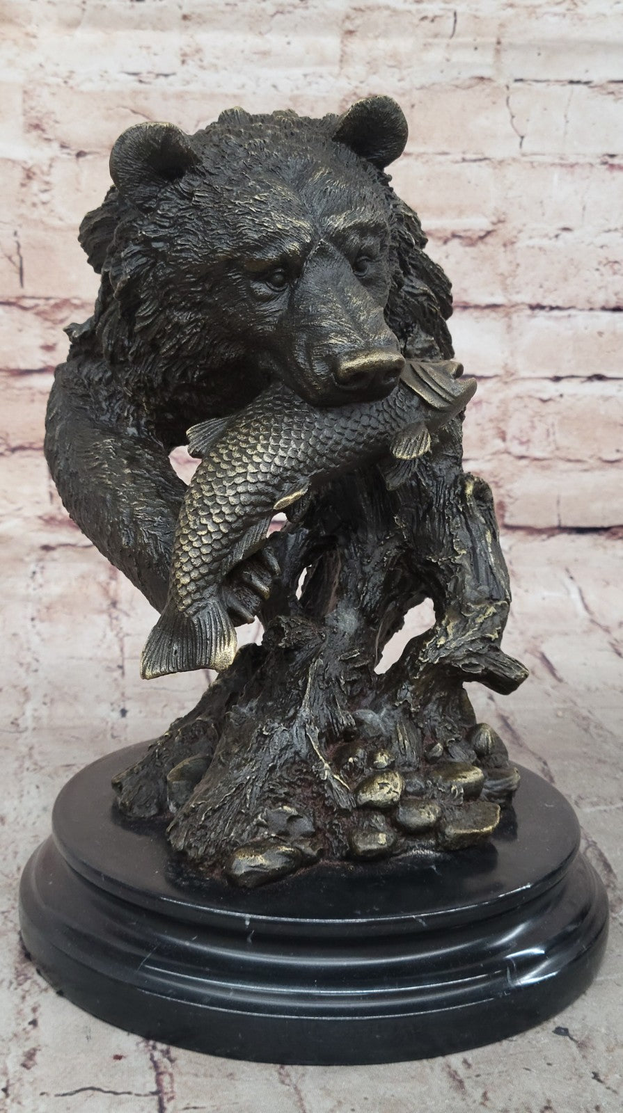 Bronze Sculpture Statue Bear Head Bust With Fish Marble Handcrafted Figurine Ar